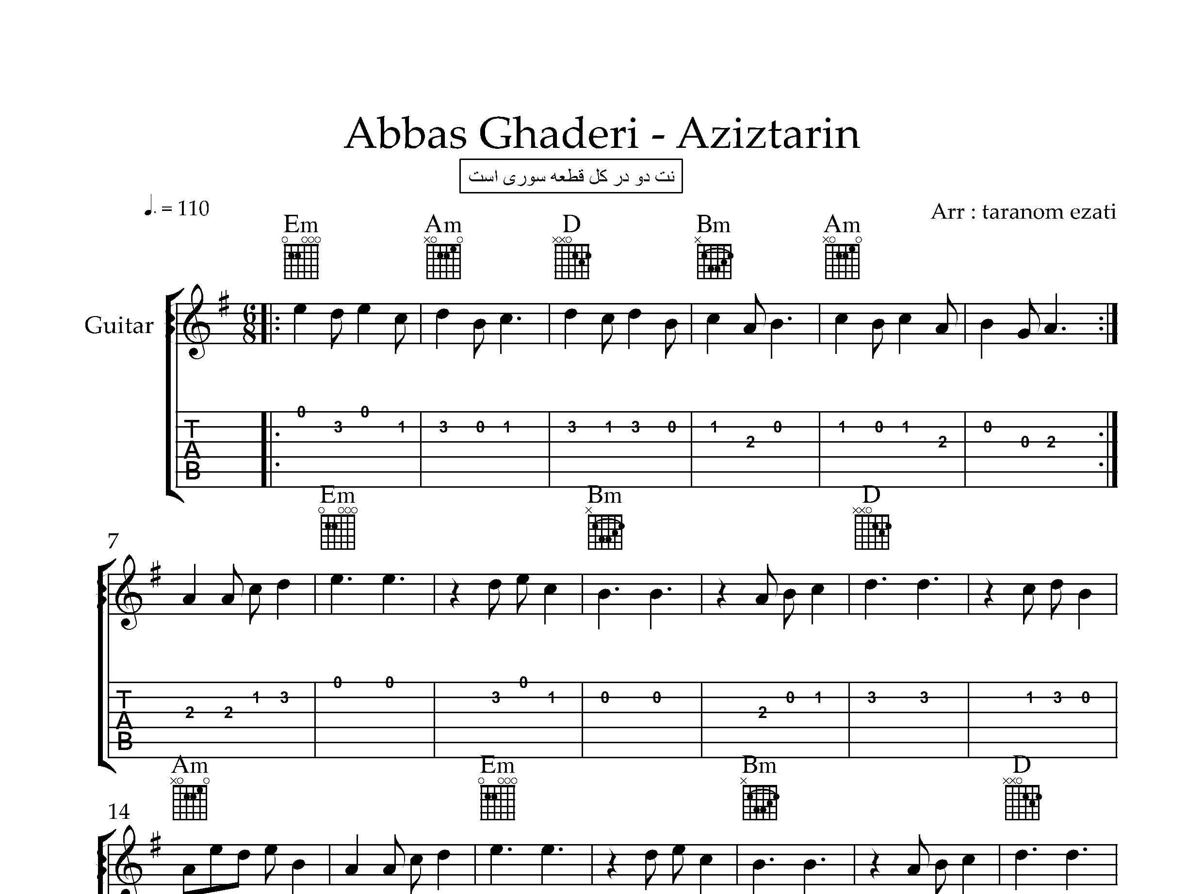 نت گیتار عزیزترین عباس قادری به همراه تبلچر و آکورد