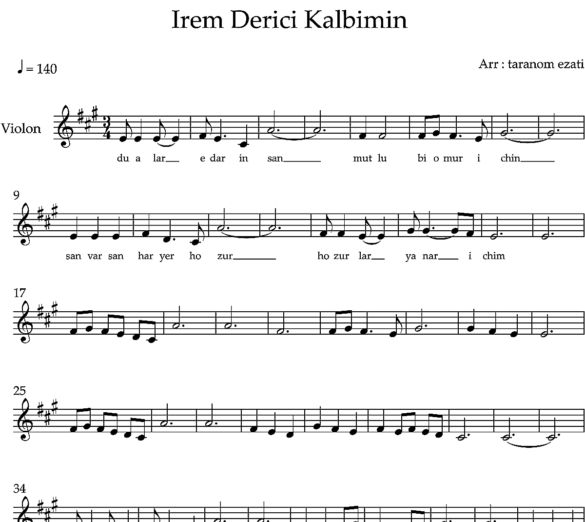 نت ویولن kalbimin از irem derici