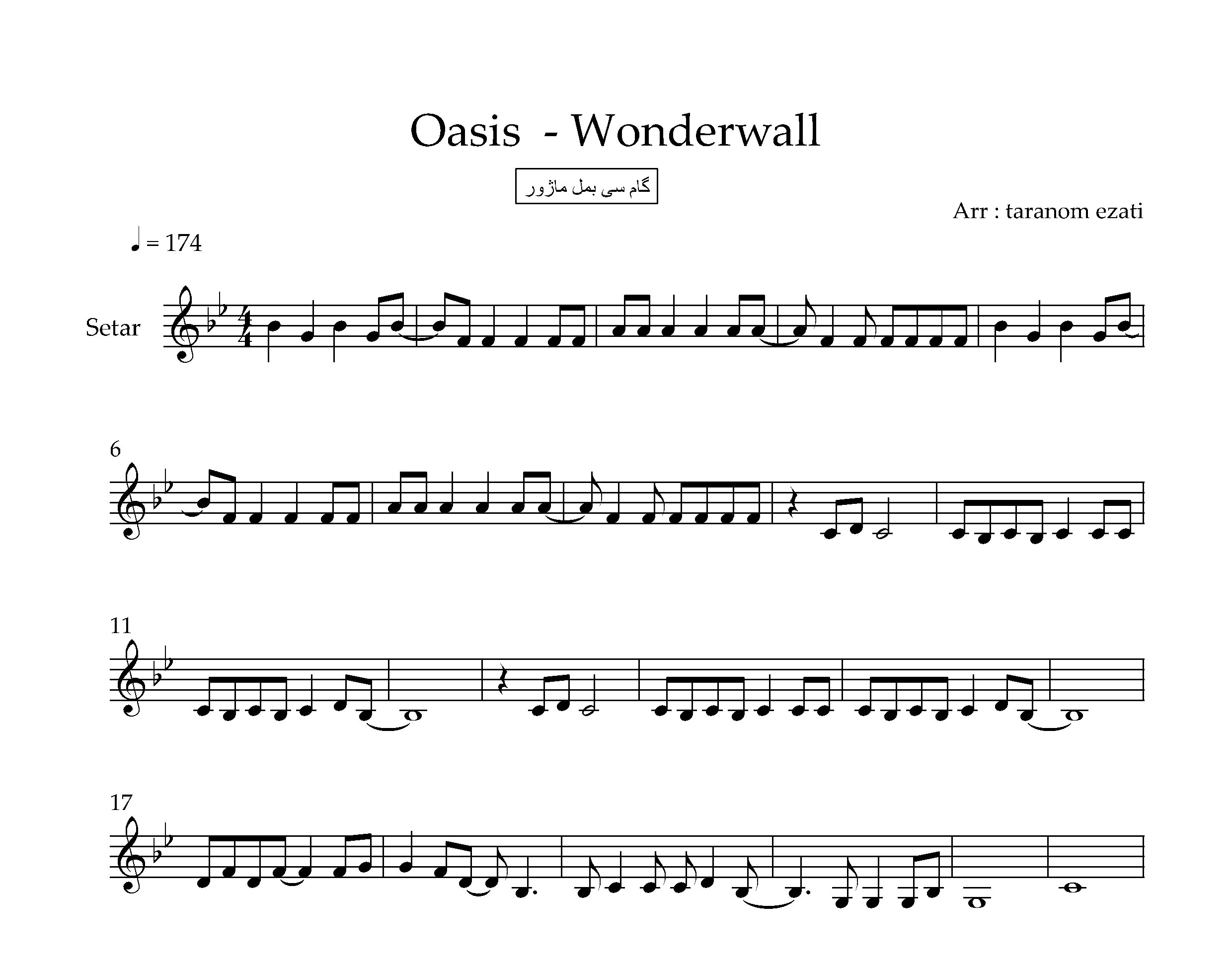 نت سه تار Wonderwall از Oasis