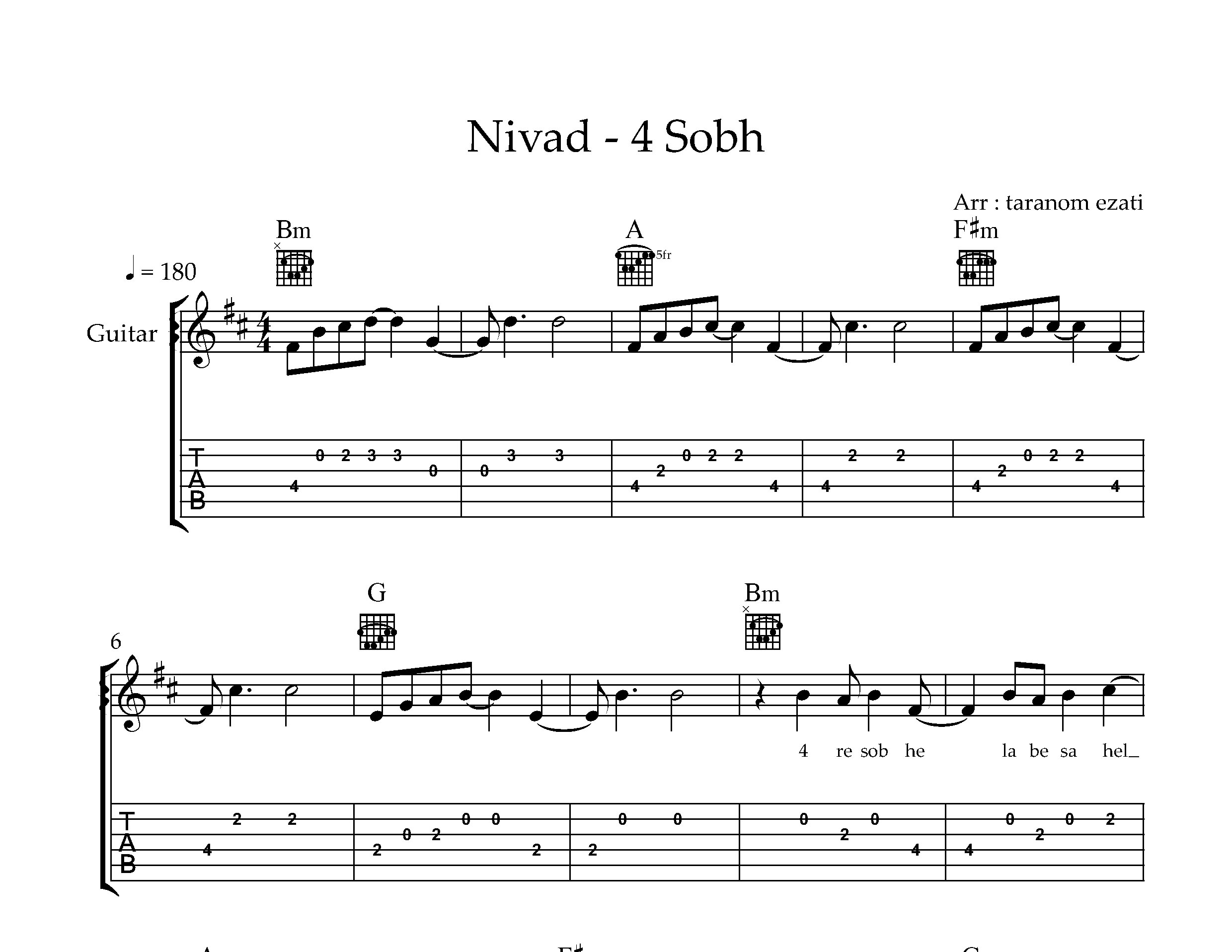 نت گیتار چهار صبح نیواد به همراه تبلچر و آکورد