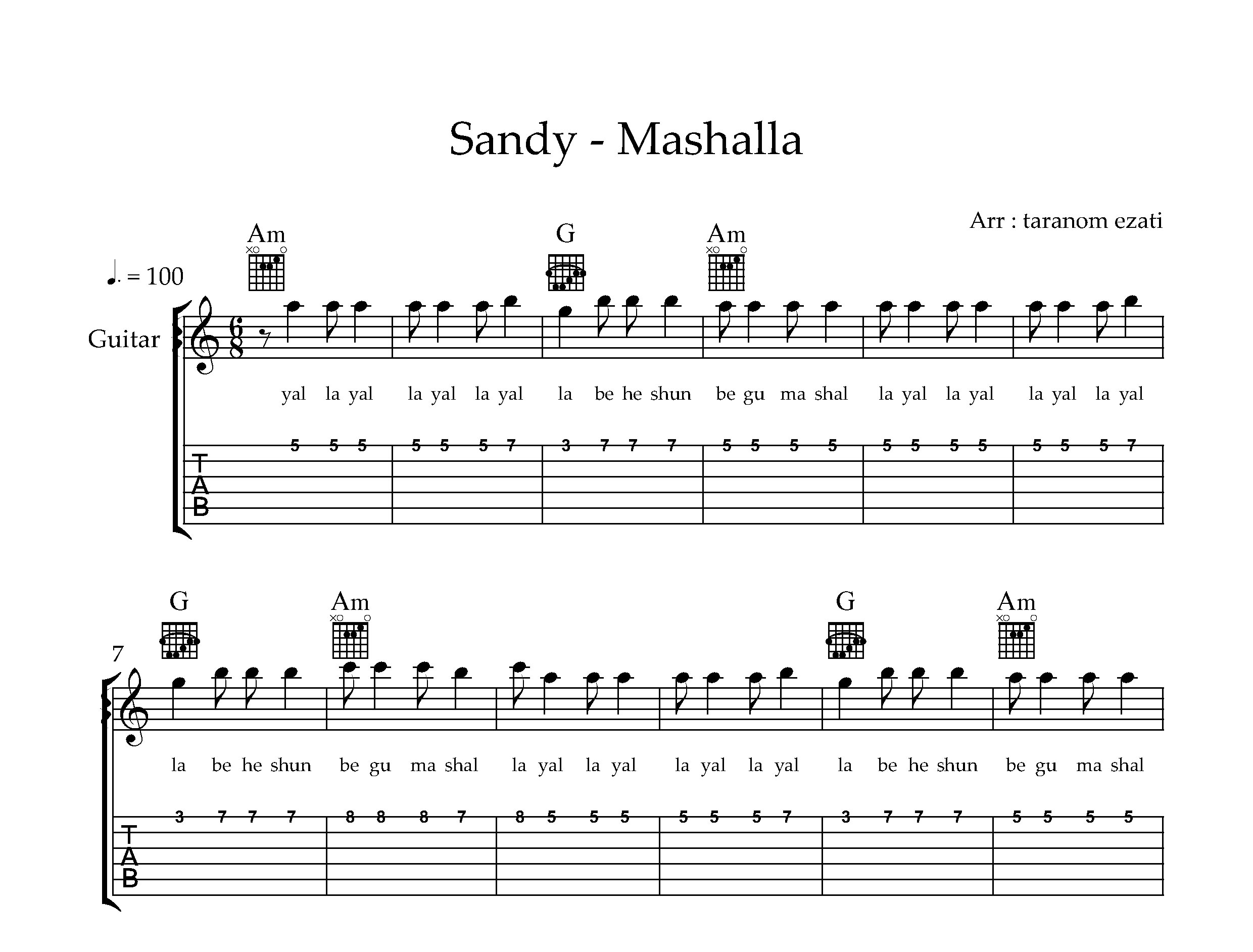 نت گیتار ماشالله سندی به همراه تبلچر و آکورد