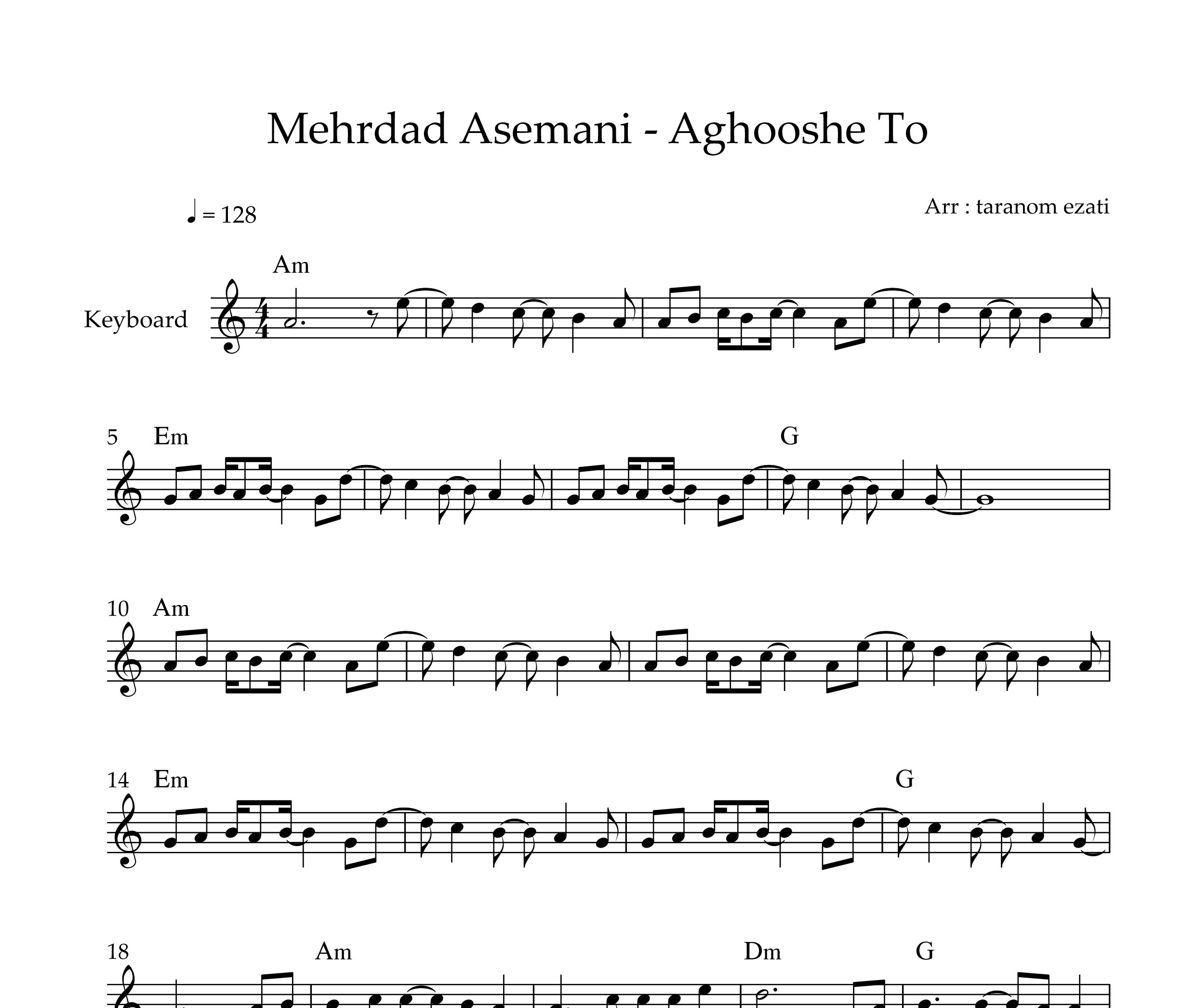 نت کیبورد آغوش تو مهرداد آسمانی به همراه آکورد