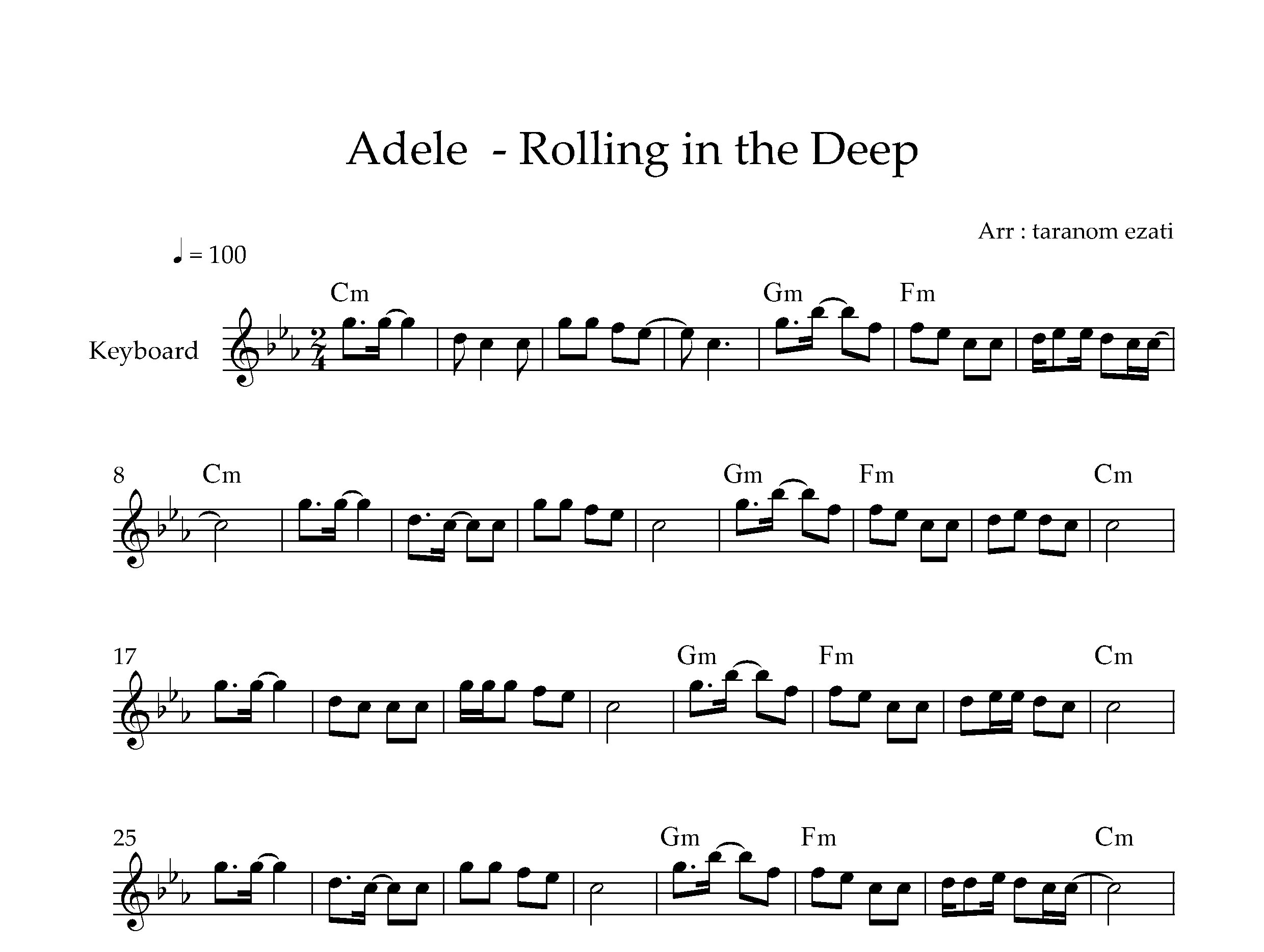 نت کیبورد Rolling in the Deep از Adele به همراه آکورد