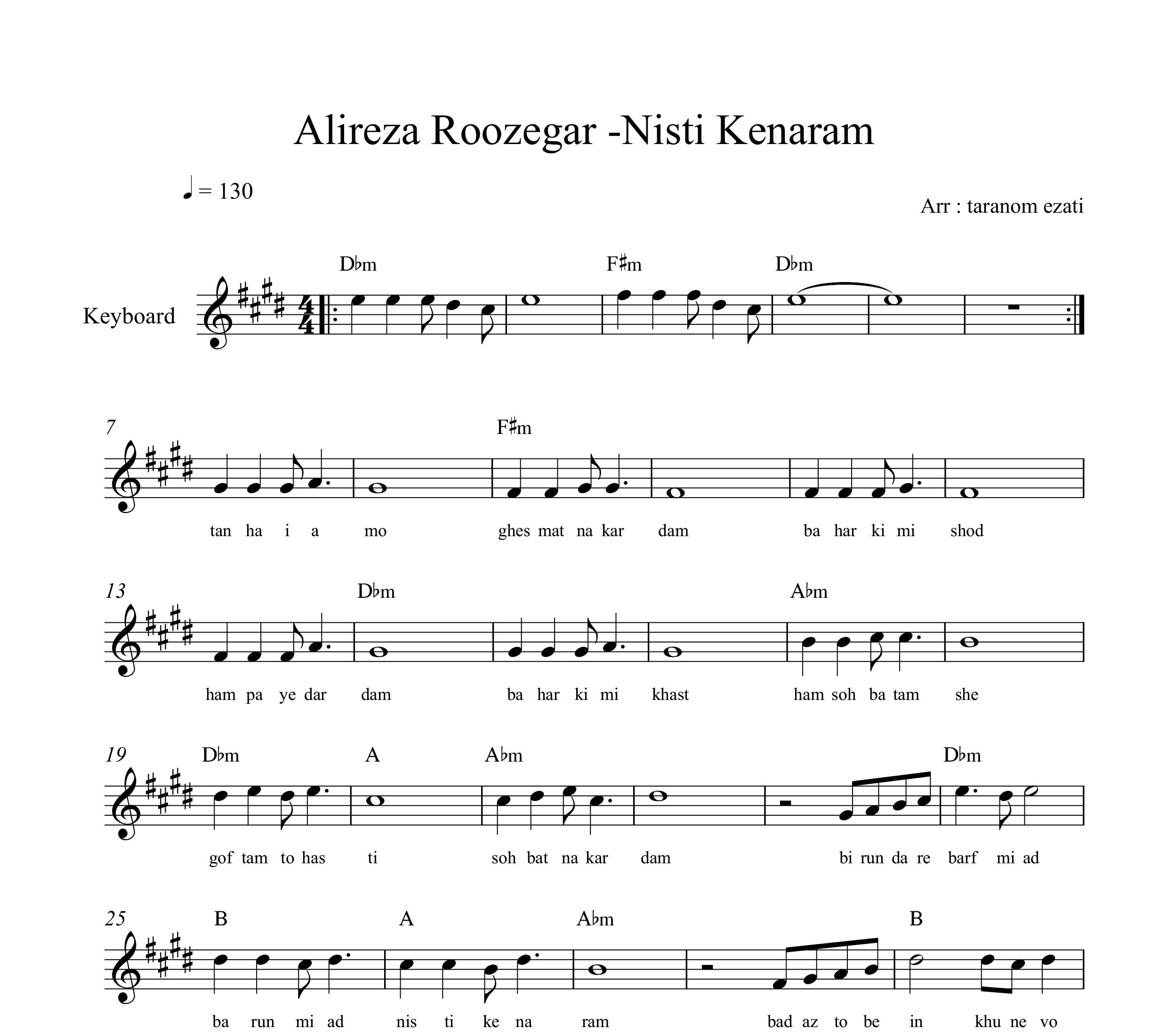 نت کیبورد نیستی کنارم علیرضا روزگار به همراه آکورد