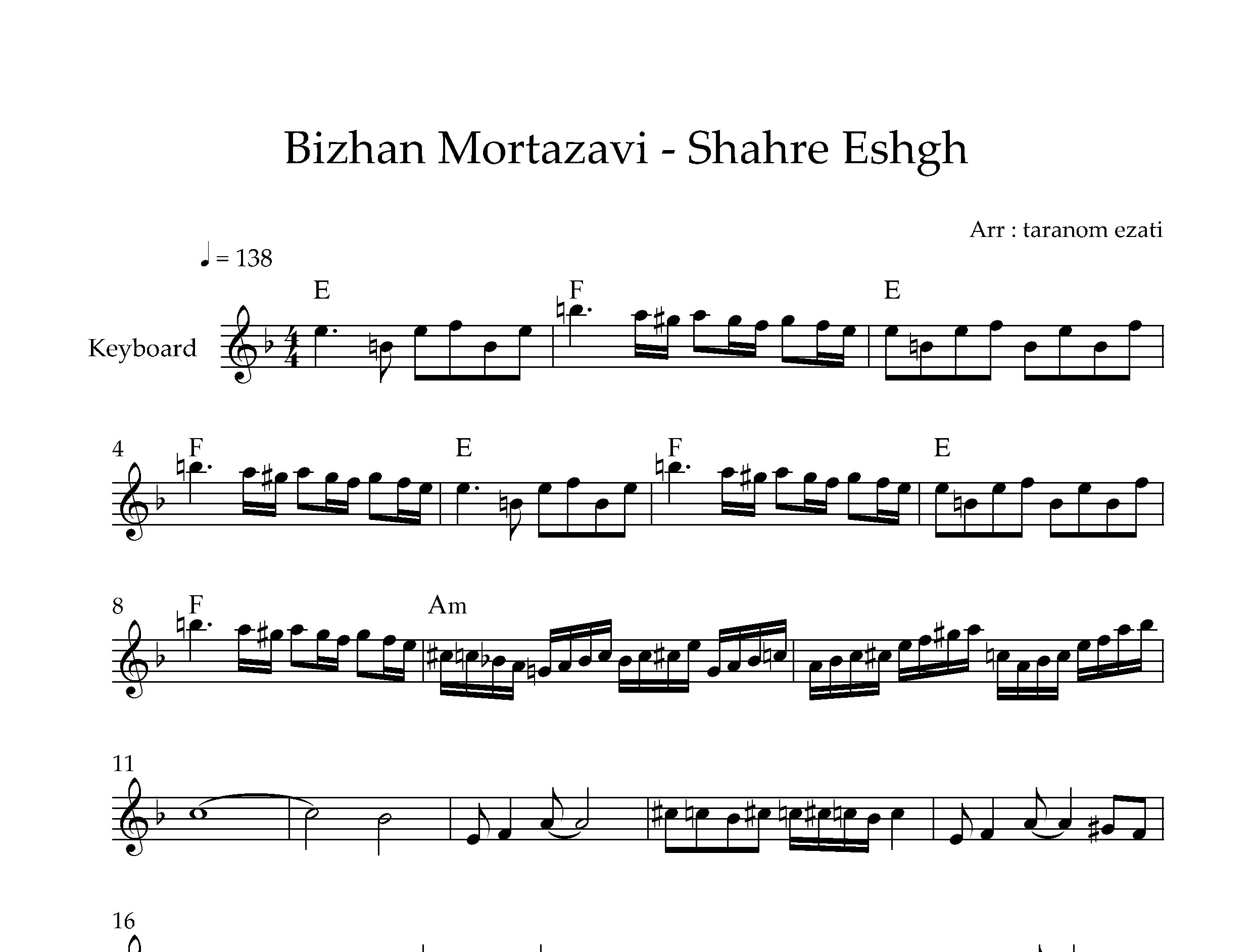 نت کیبورد شهر عشق بیژن مرتضوی به همراه آکورد