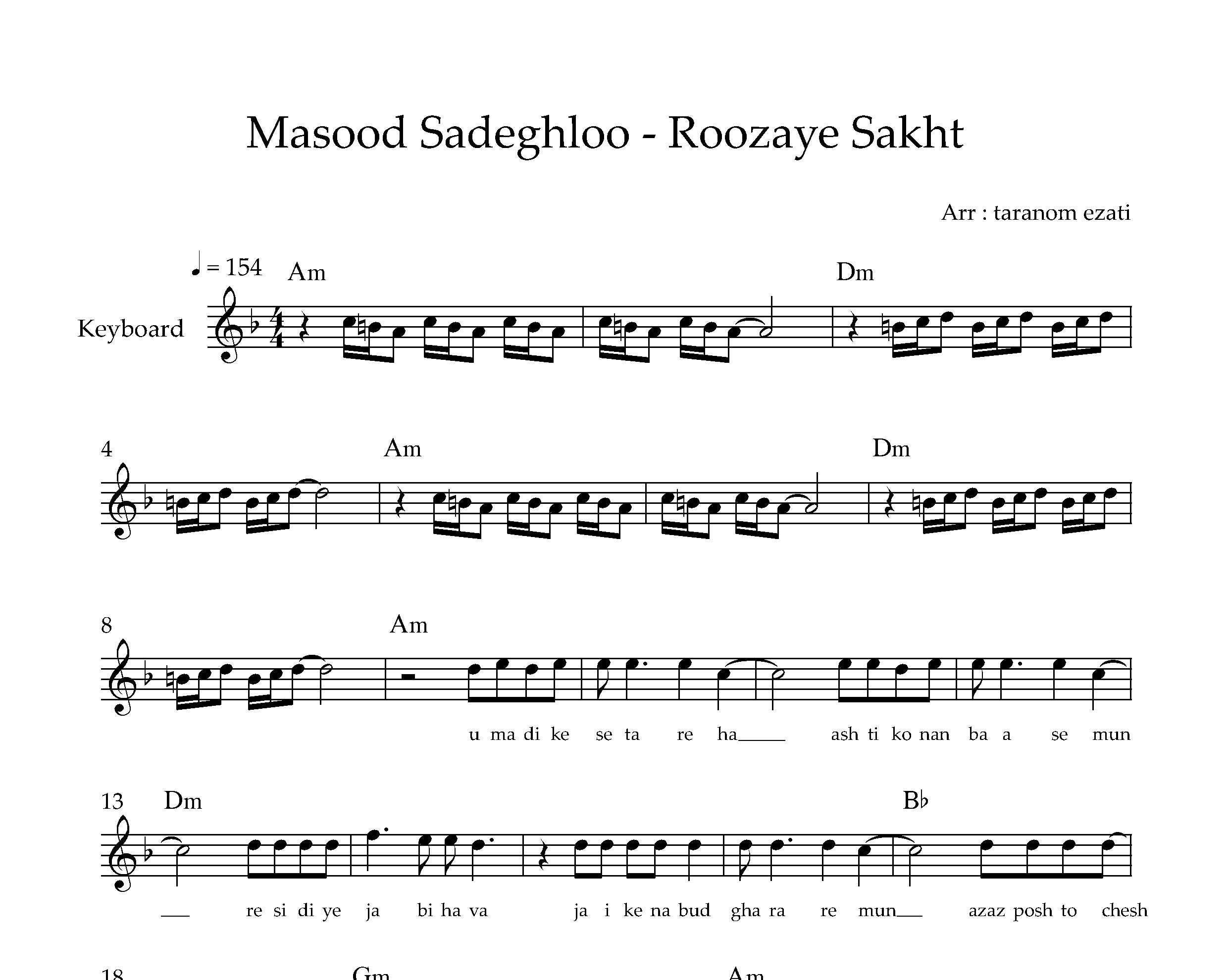 نت کیبورد روزای سخت مسعود صادقلو به همراه آکورد