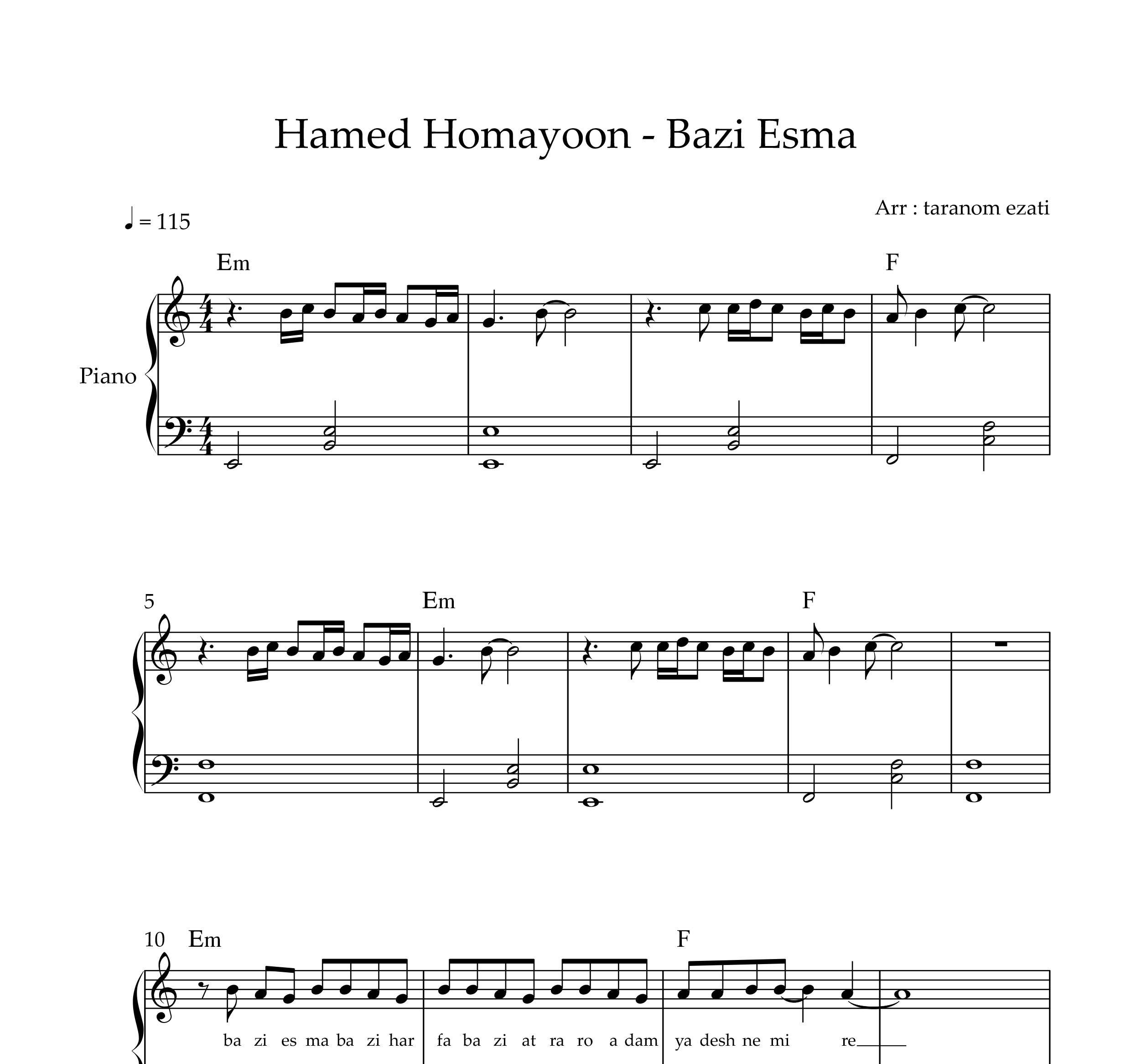 نت پیانو بعضی اسما حامد همایون