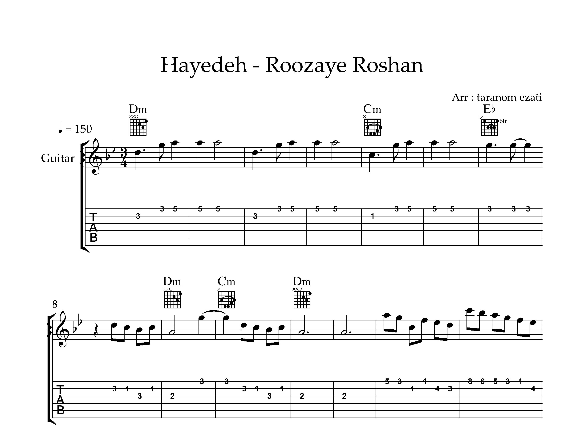 نت گیتار روزای روشن هایده به همراه تبلچر و آکورد