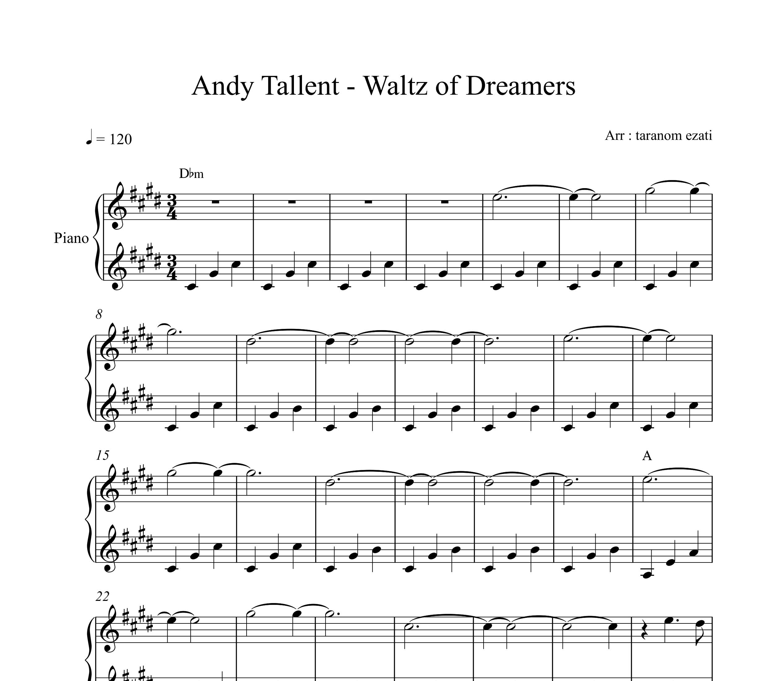 نت پیانو waltz of dreamers از andy tallent