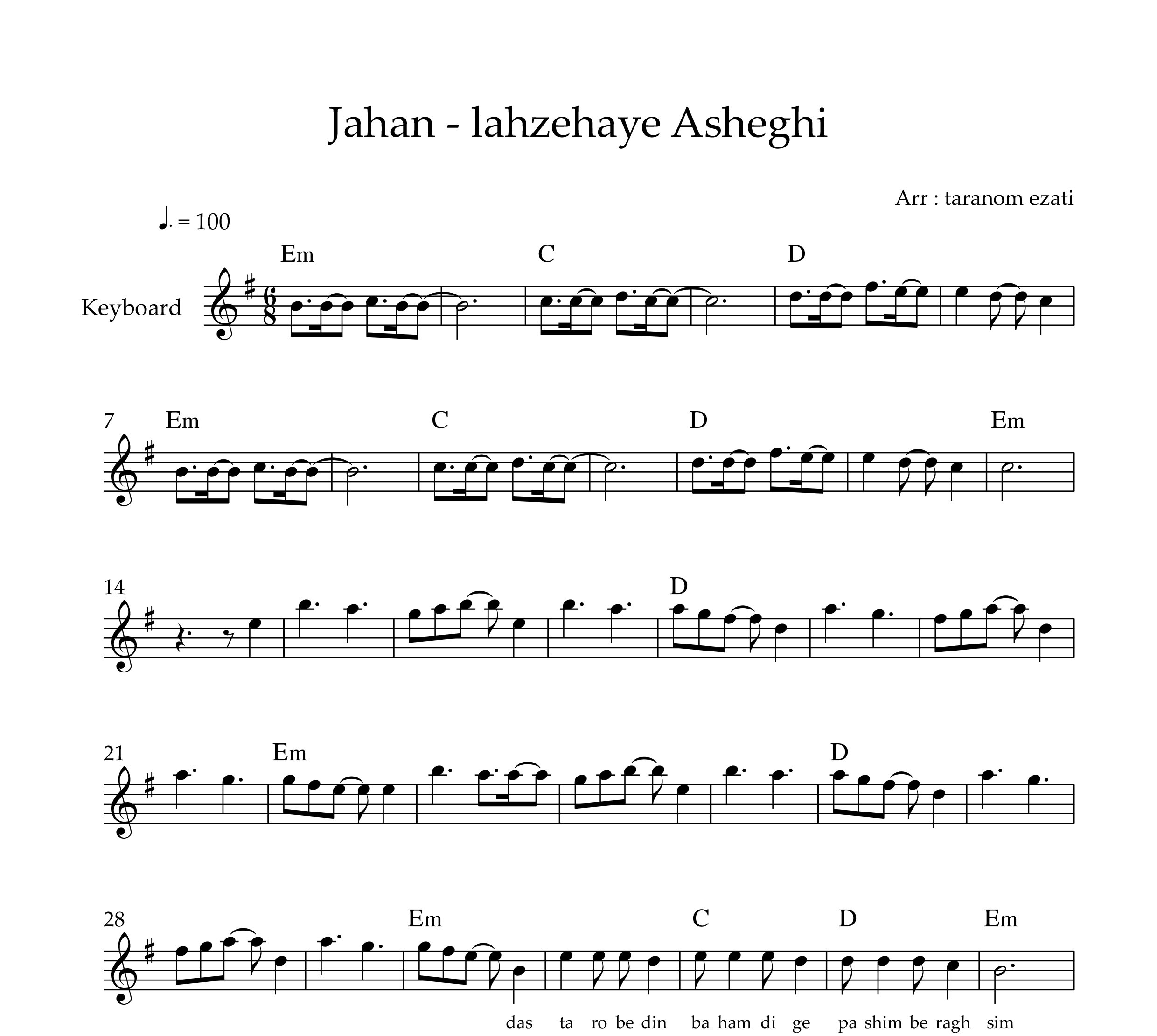 نت کیبورد لحظه های عاشقی جهان به همراه آکورد