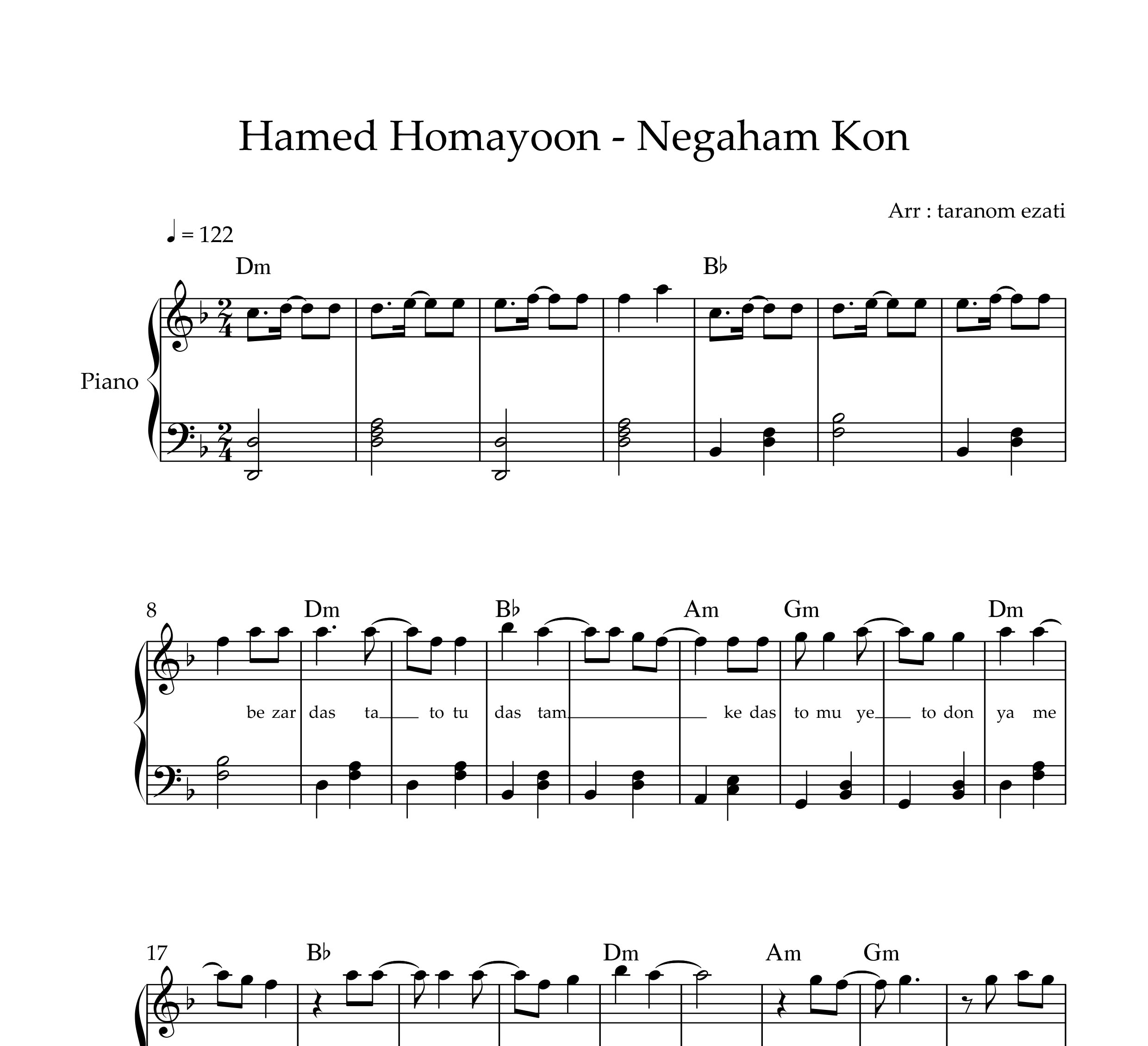 نت پیانو نگاهم کن حامد همایون