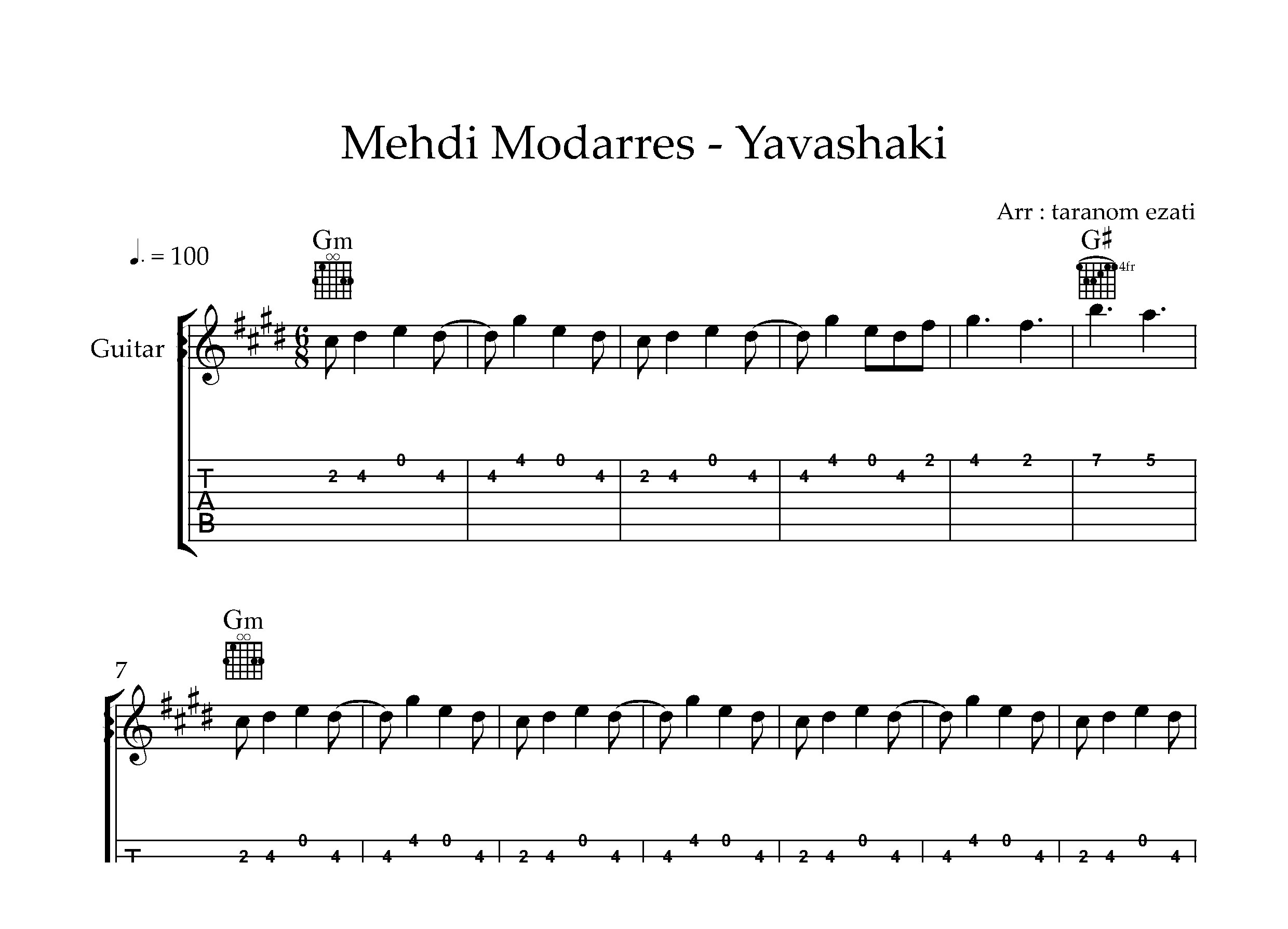 نت گیتار یواشکی مهدی مدرس به همراه تبلچر و آکورد