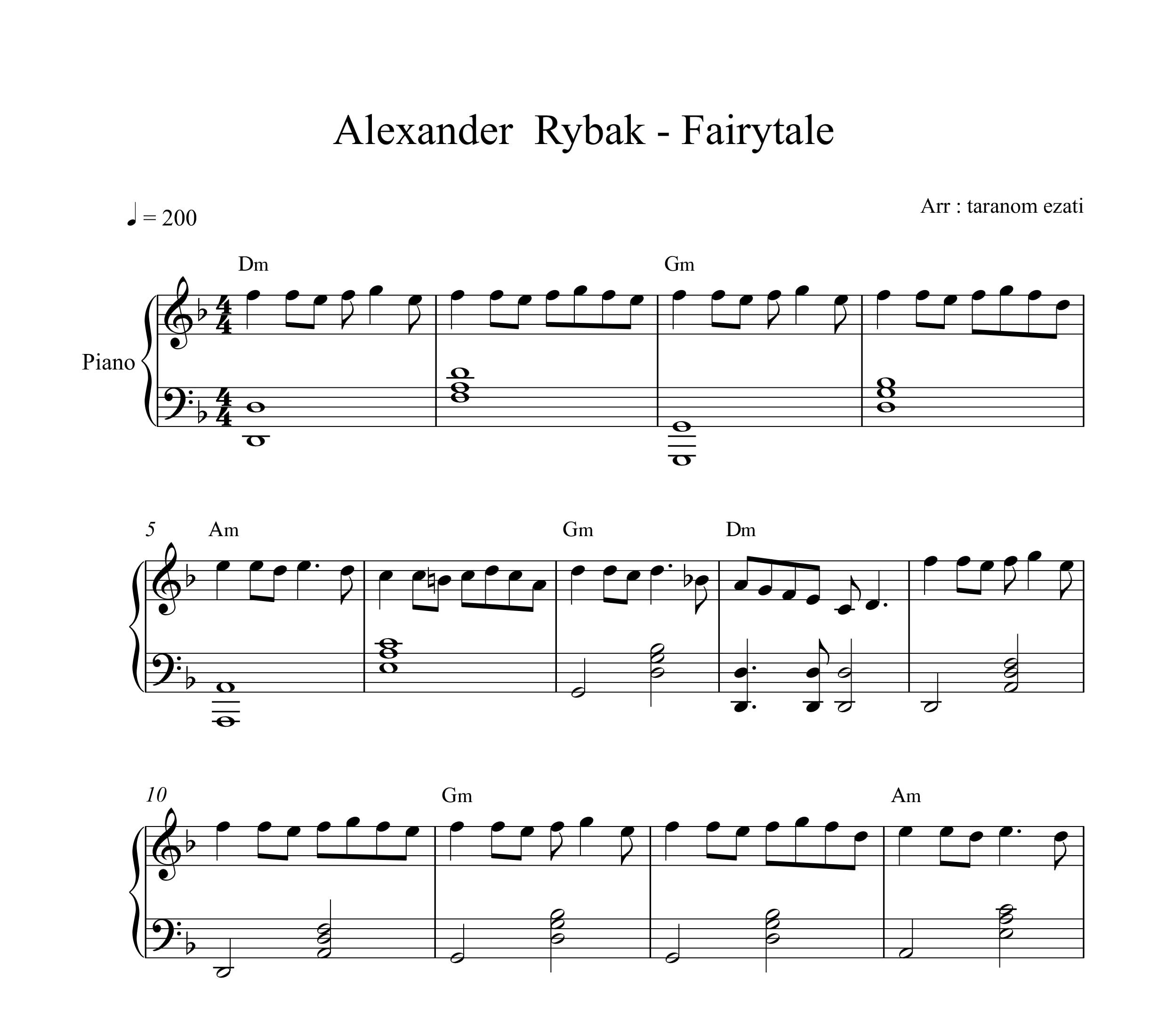 نت پیانو fairytale از alexander rybak الکساندر ریباک