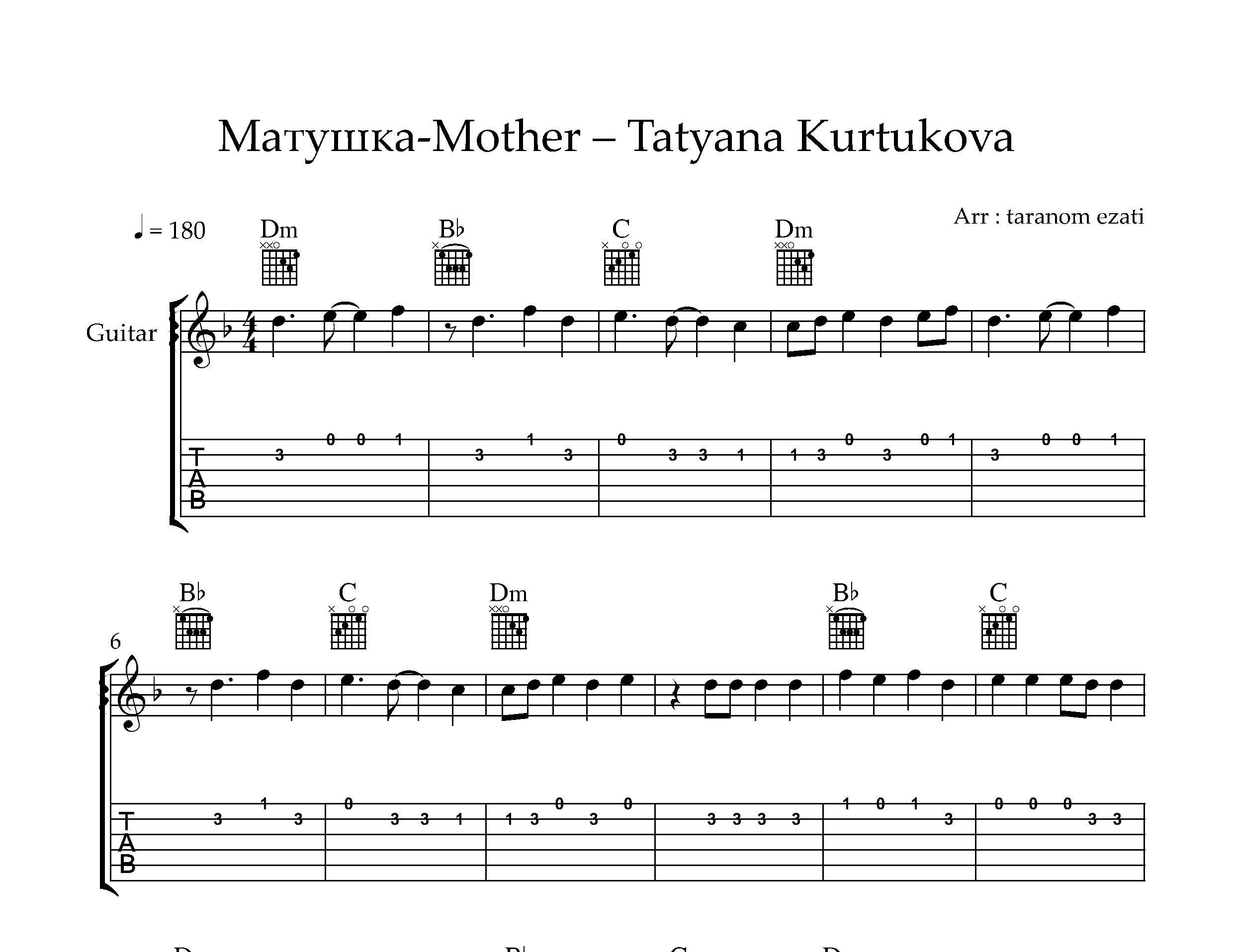 نت گیتار Mother از Tatiana Kurtukova به همراه تبلچر و آکورد