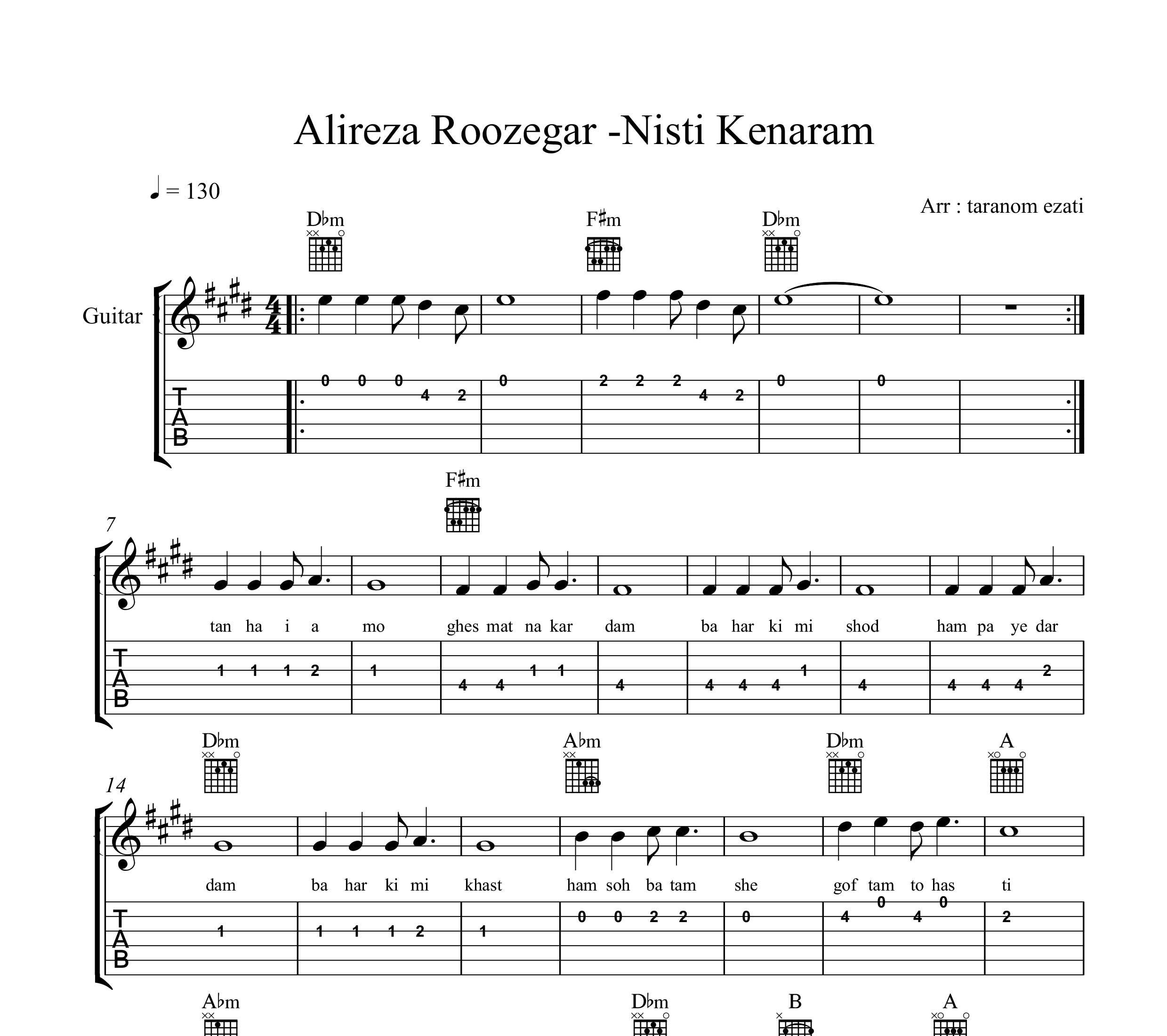 نت گیتار نیستی کنارم علیرضا روزگار به همراه تبلچر و آکورد