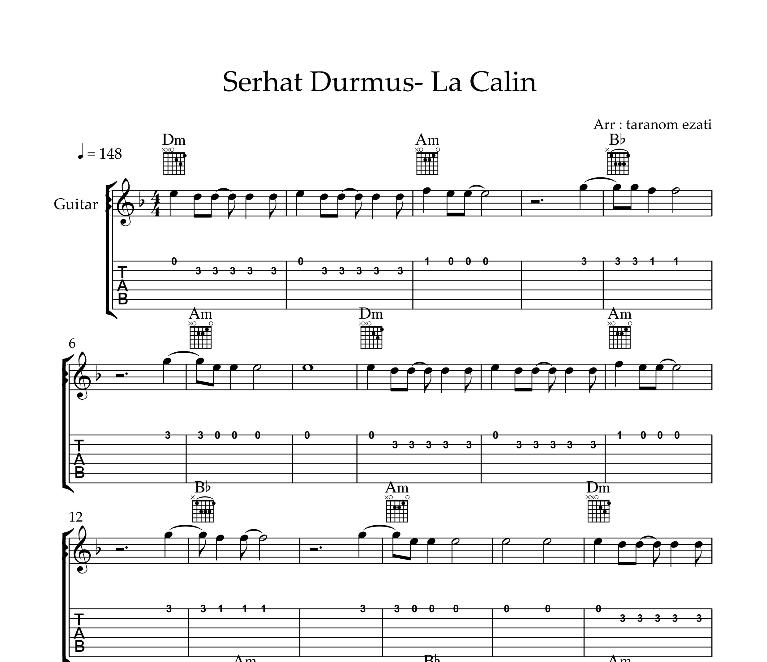 نت گیتار la calin از serhat durmus به همراه تبلچر و آکورد