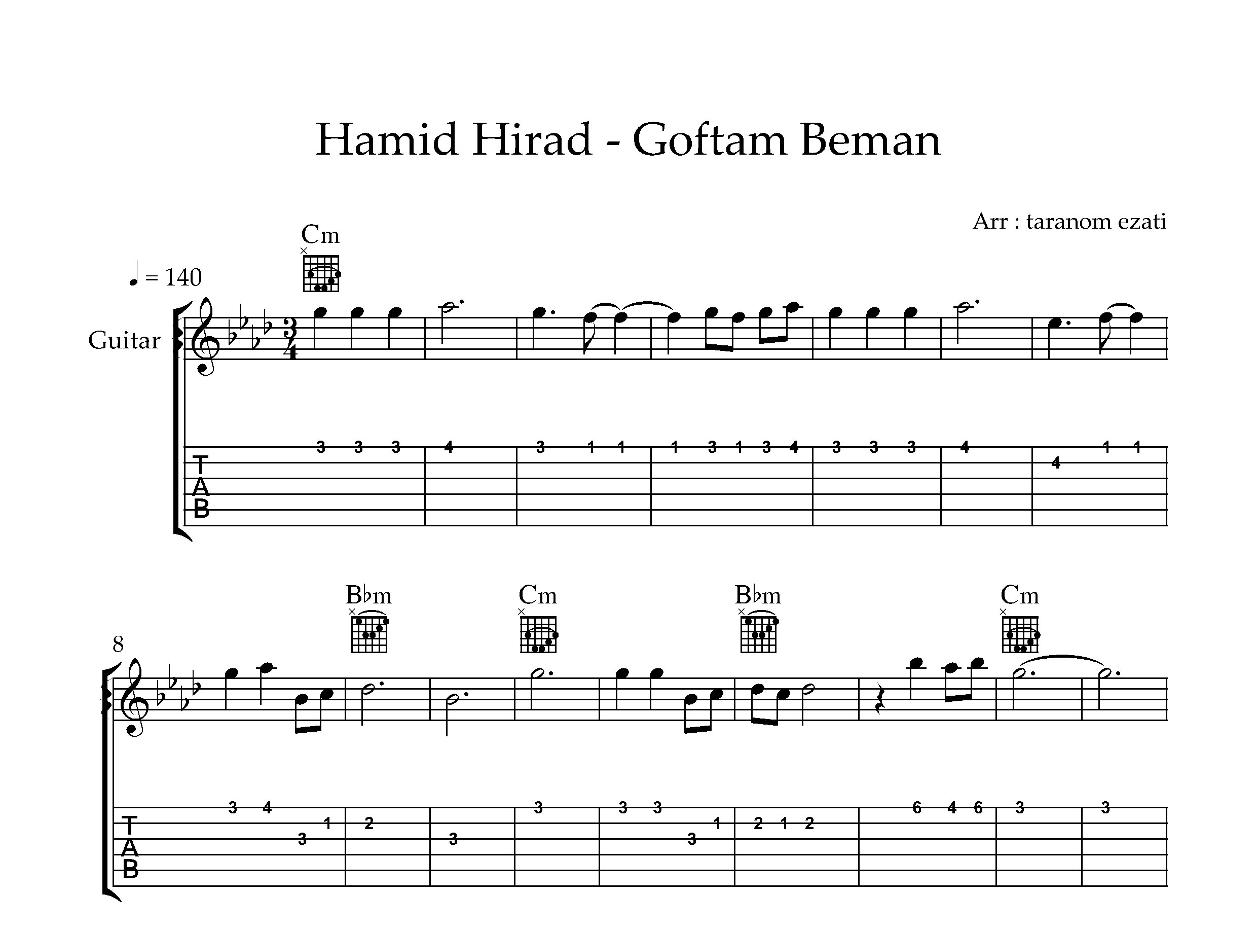 نت گیتار گفتم بمان حمید هیراد به همراه تبلچر و آکورد