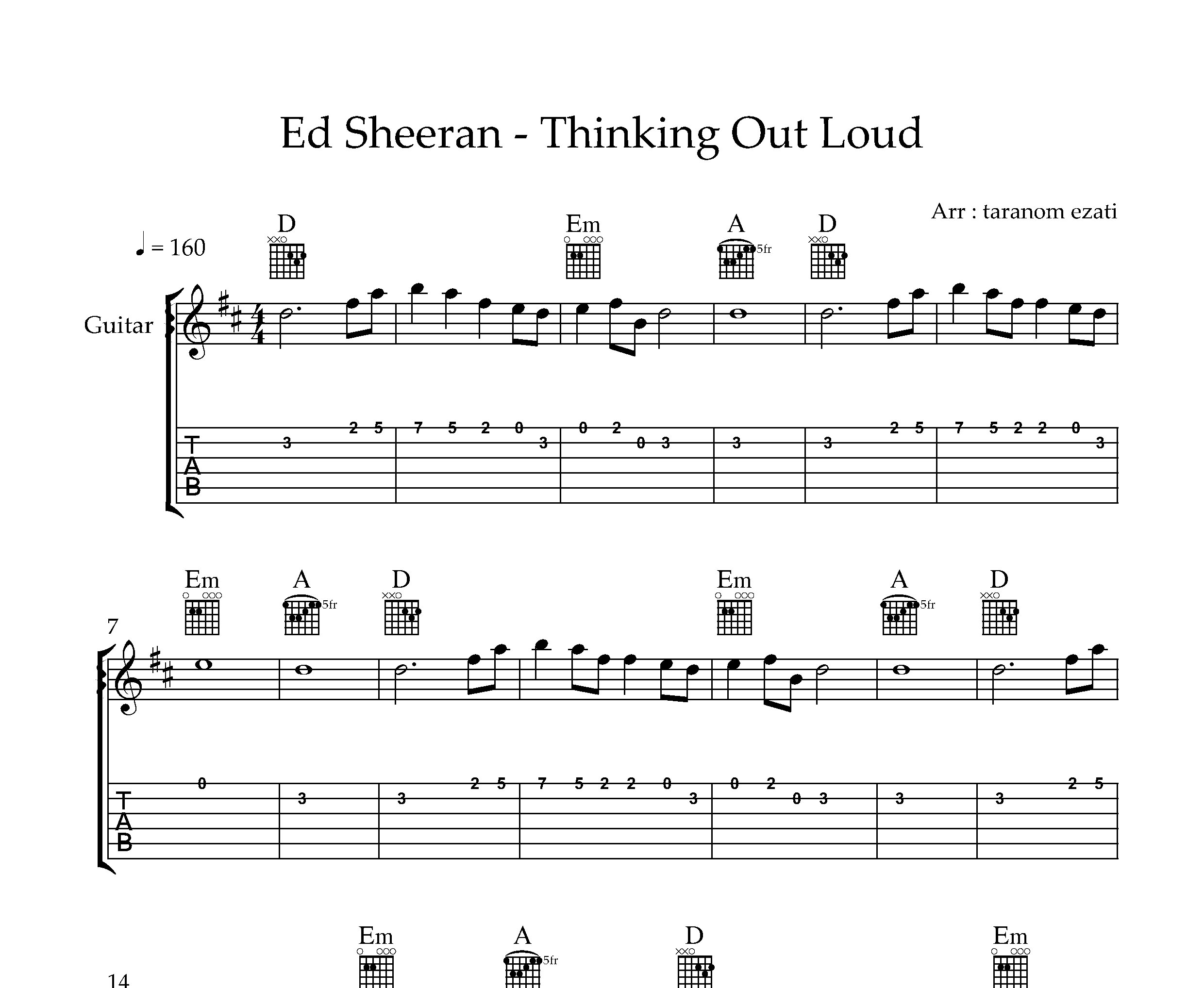نت گیتار Thinking Out Loud از Ed Sheeran به همراه تبلچر و آکورد