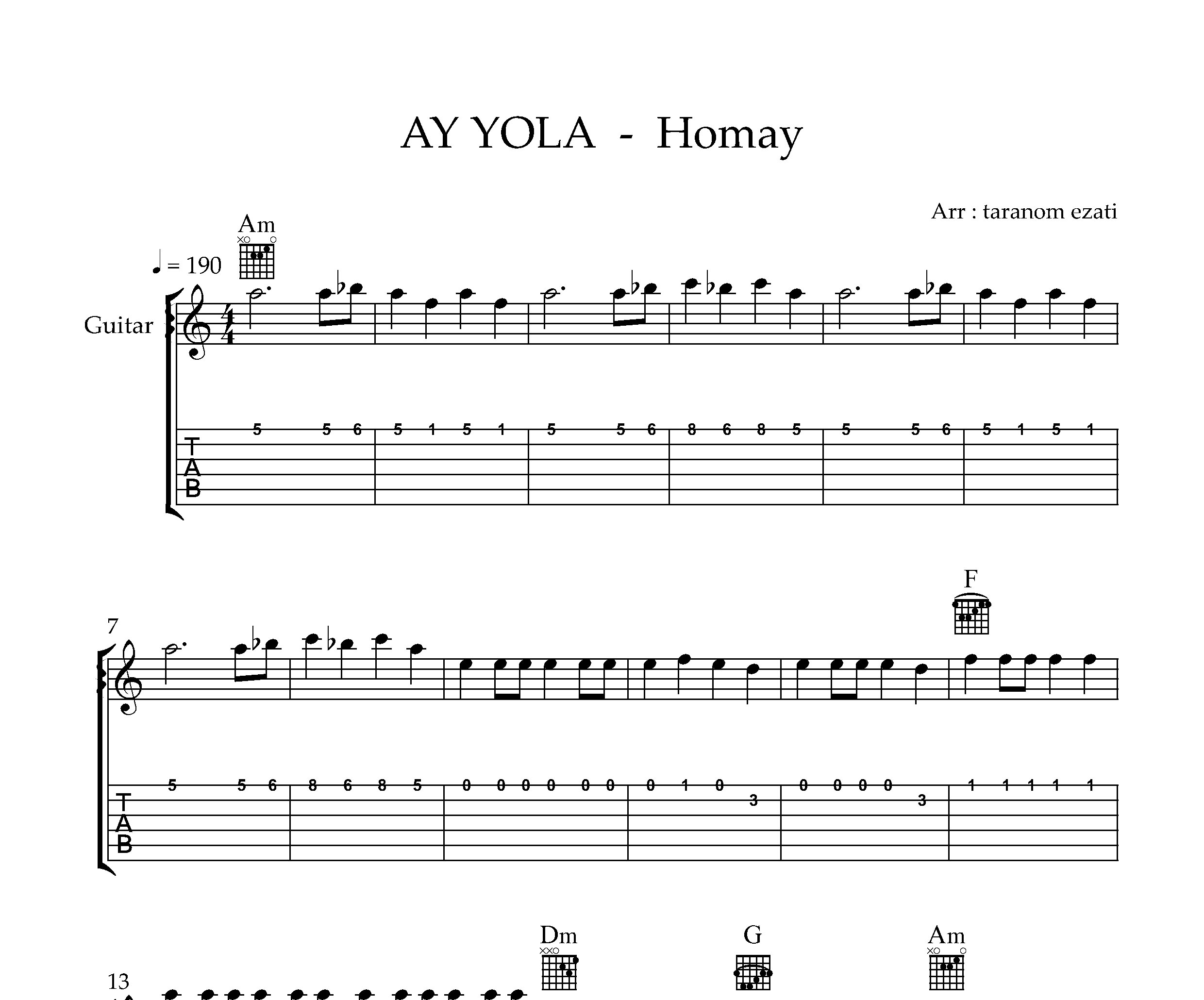 نت گیتار Homay از AY YOLA به همراه تبلچر و آکورد