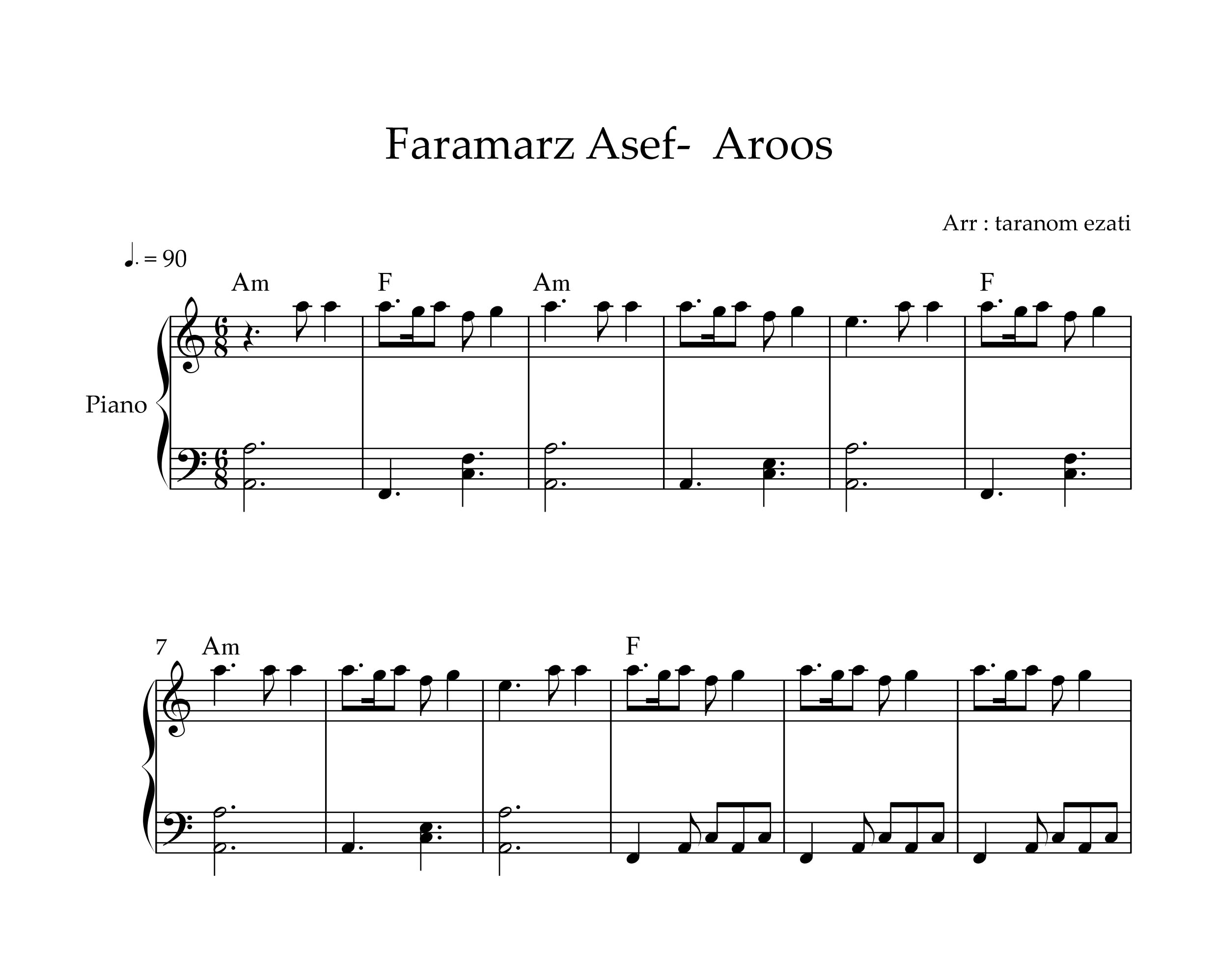 نت پیانو عروس فرامرز آصف