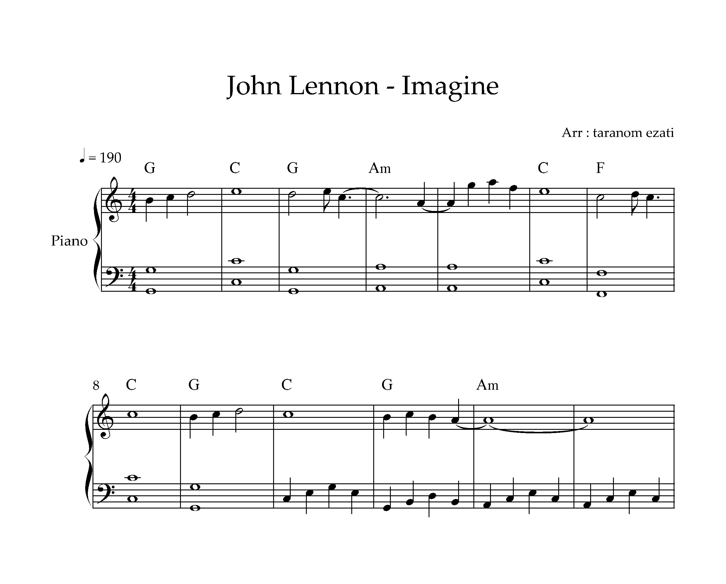 نت پیانو Imagine از John Lennon