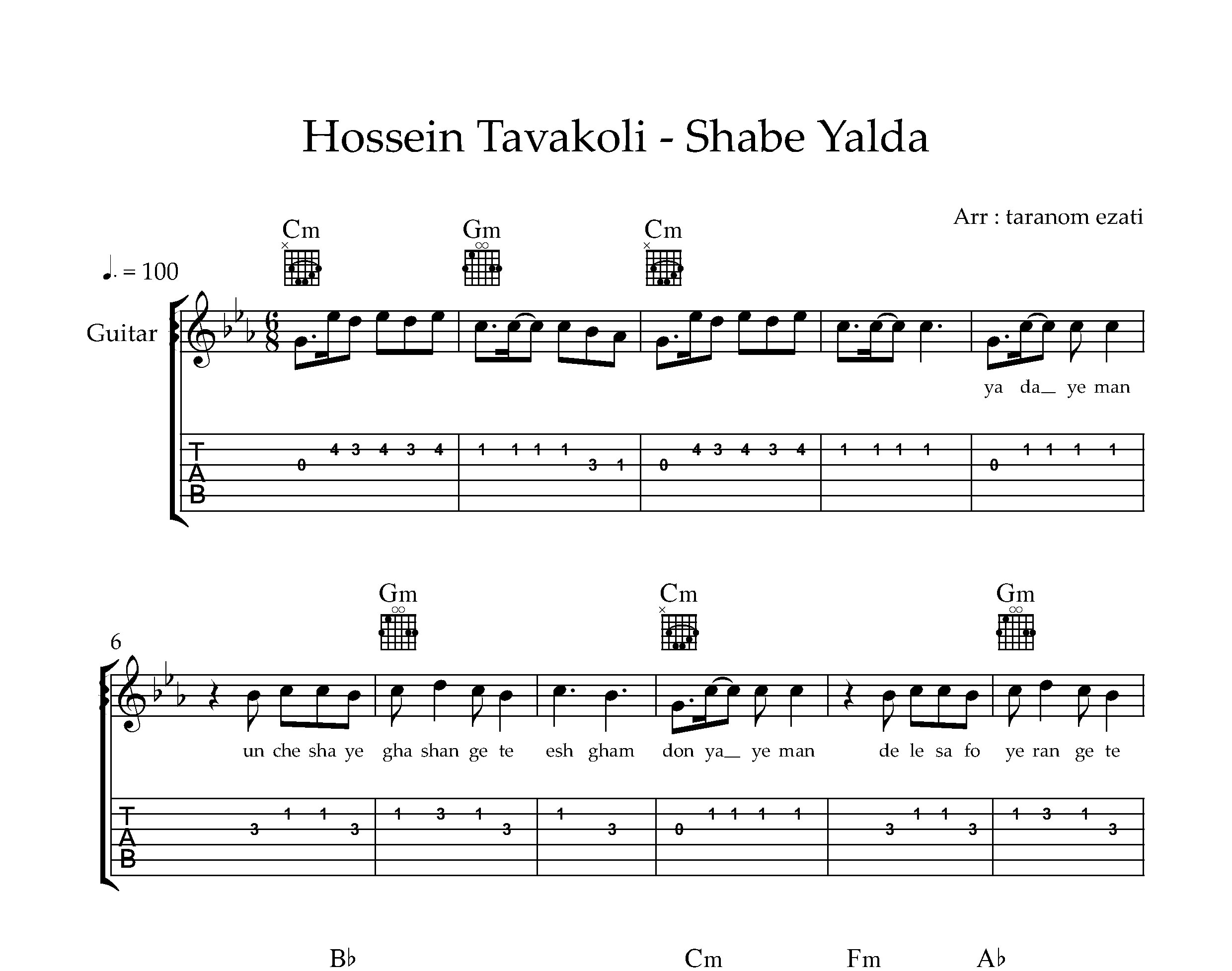 نت گیتار شب یلدا حسین توکلی به همراه تبلچر و آکورد