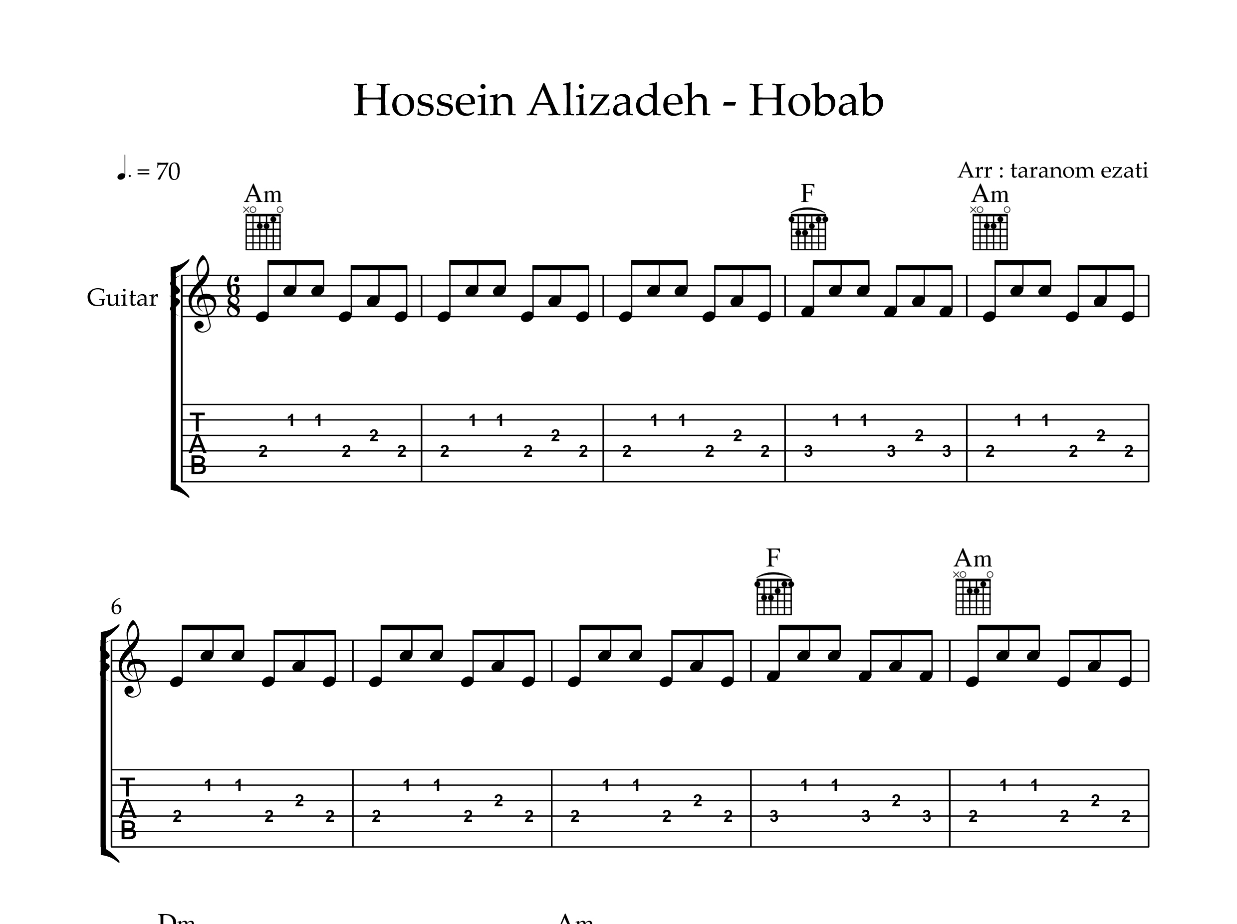 نت گیتار حباب حسین علیزاده به همراه تبلچر و آکورد