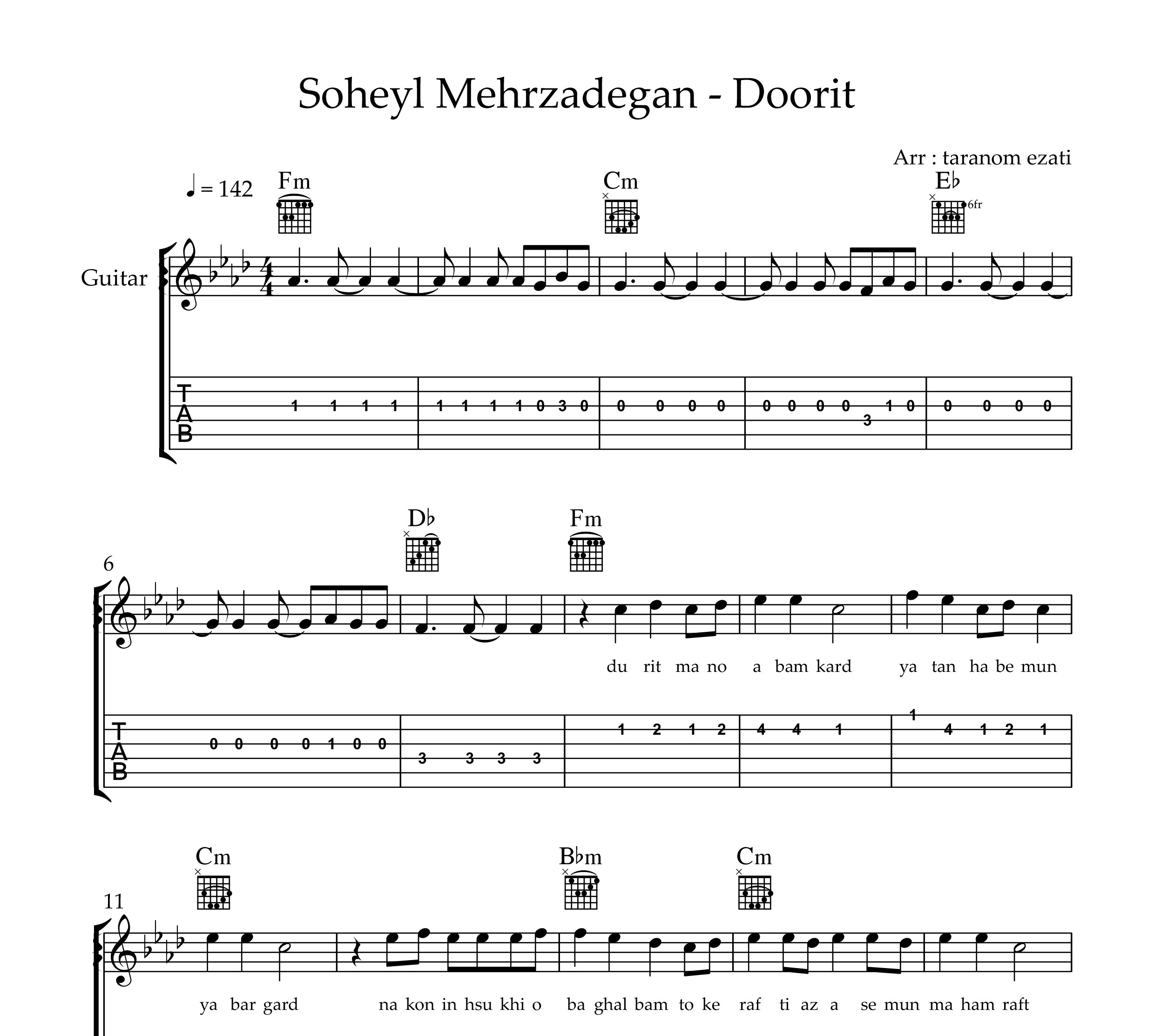 نت گیتار دوریت سهیل مهرزادگان یه همراه تبلچر و آکورد