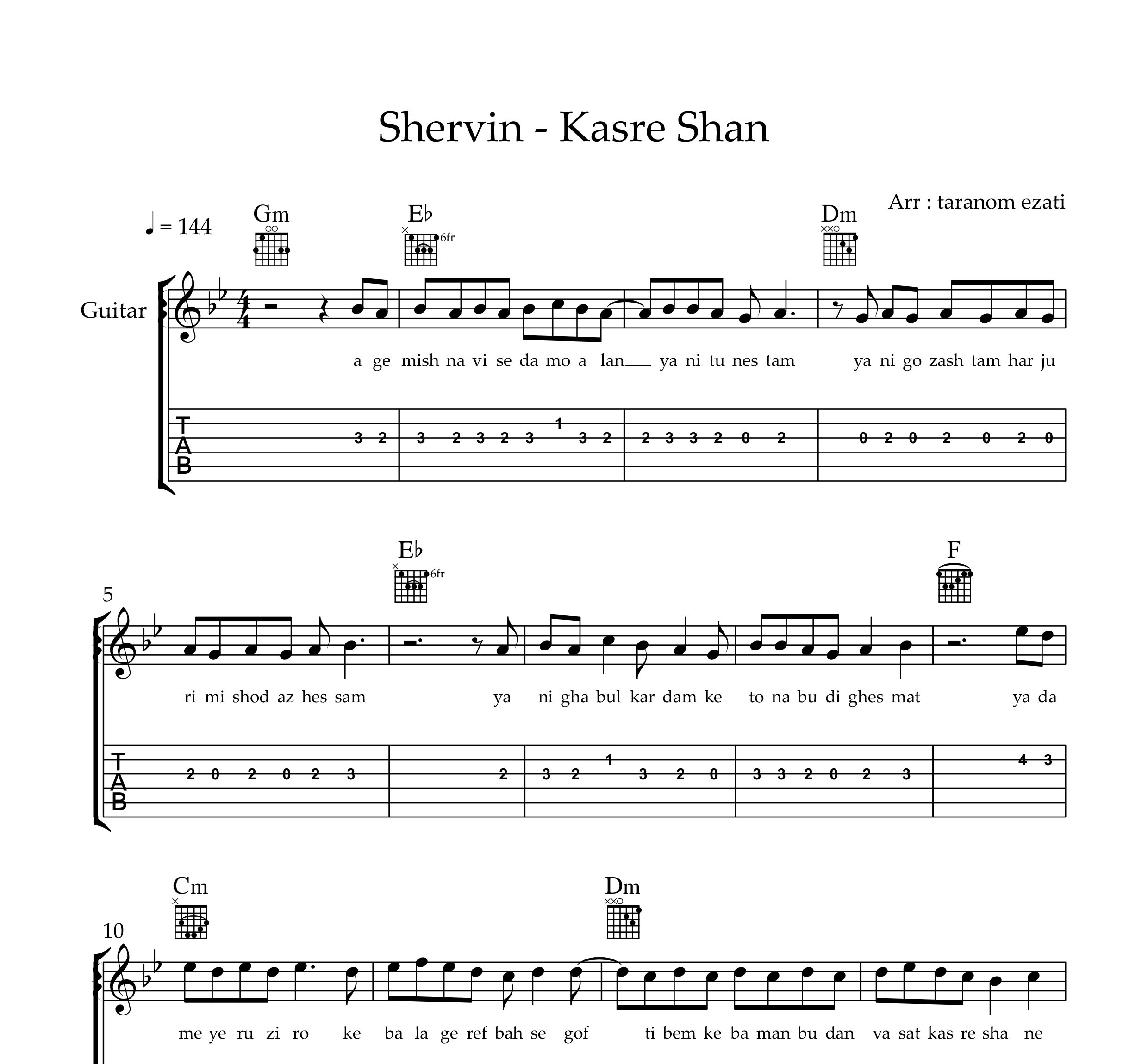 نت گیتار کسر شان شروین حاجی پور به همراه تبلچر و آکورد