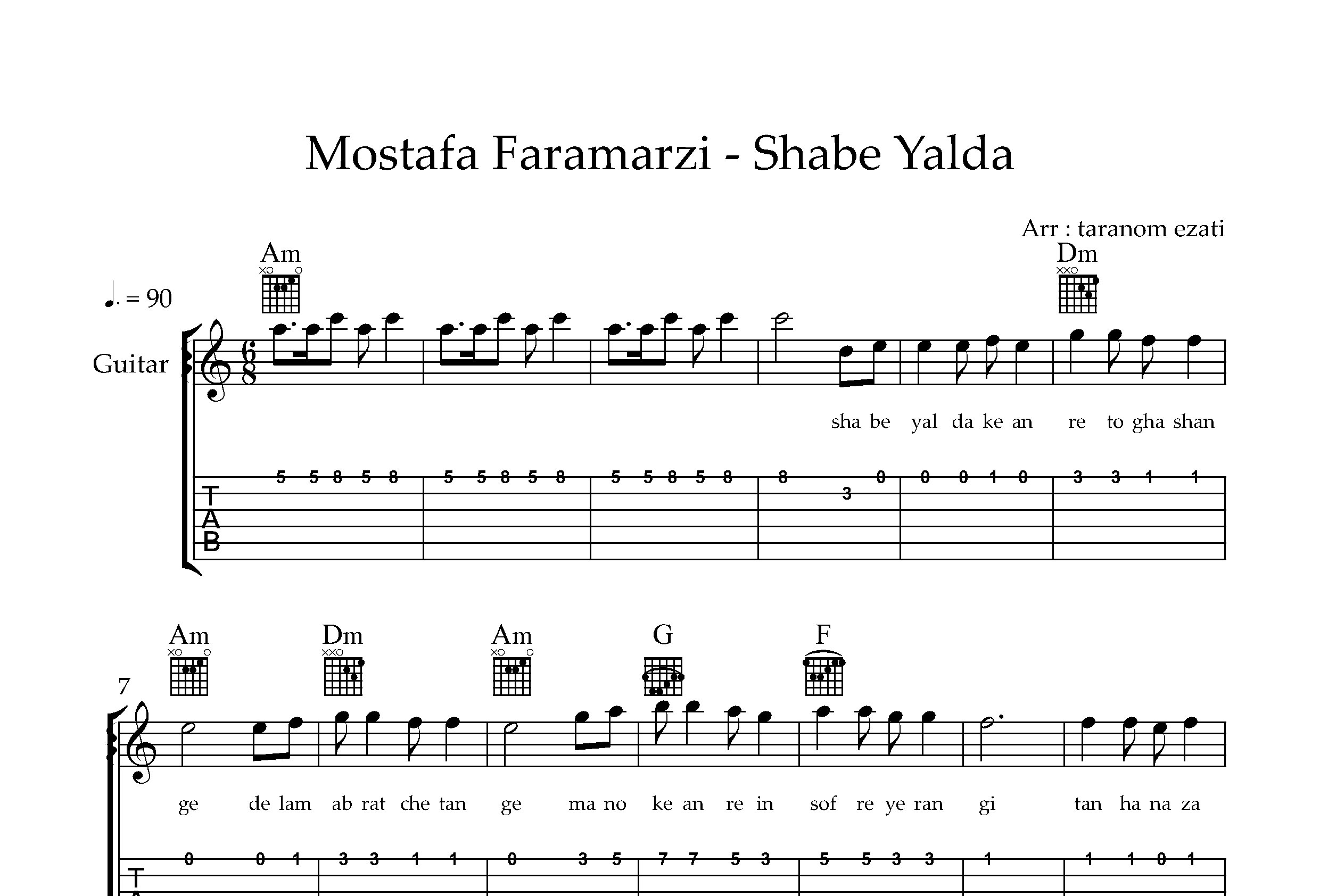 نت گیتار شب یلدا مصطفی فرامرزی به همراه تبلچر و آکورد