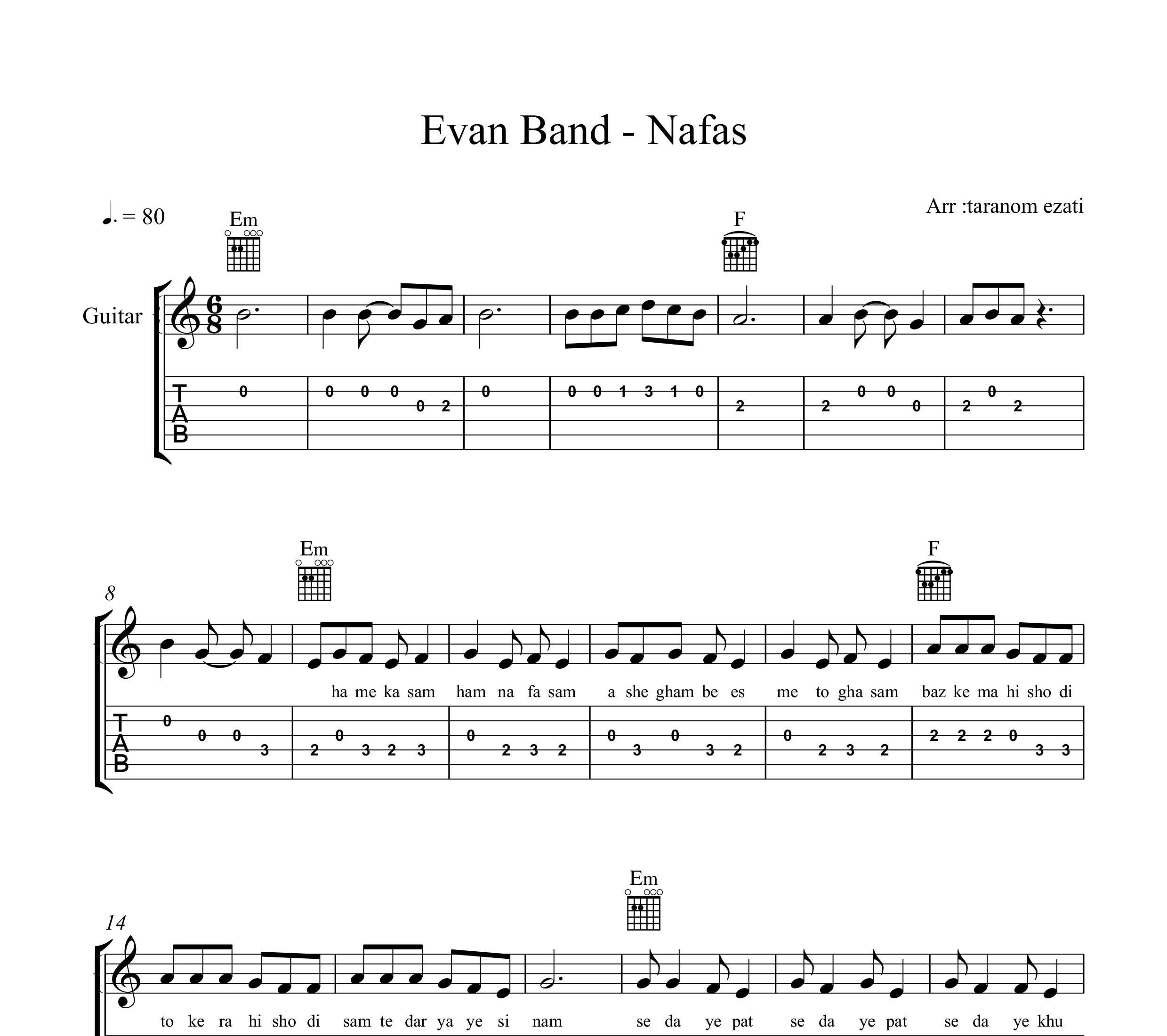 نت گیتار نفس ایوان بند به همراه تبلچر و آکورد