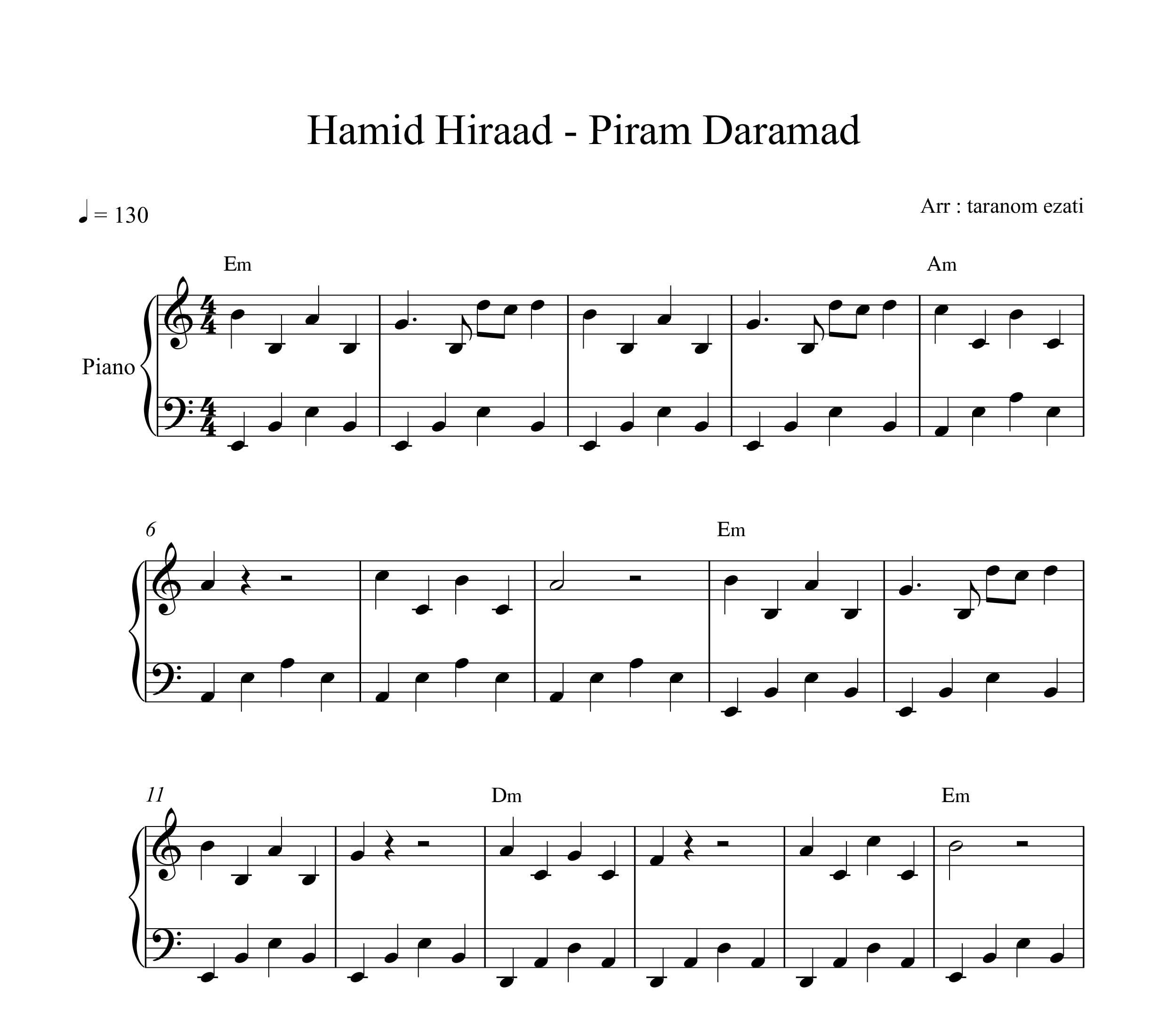 نت پیانو پیرم درآمد حمید هیراد