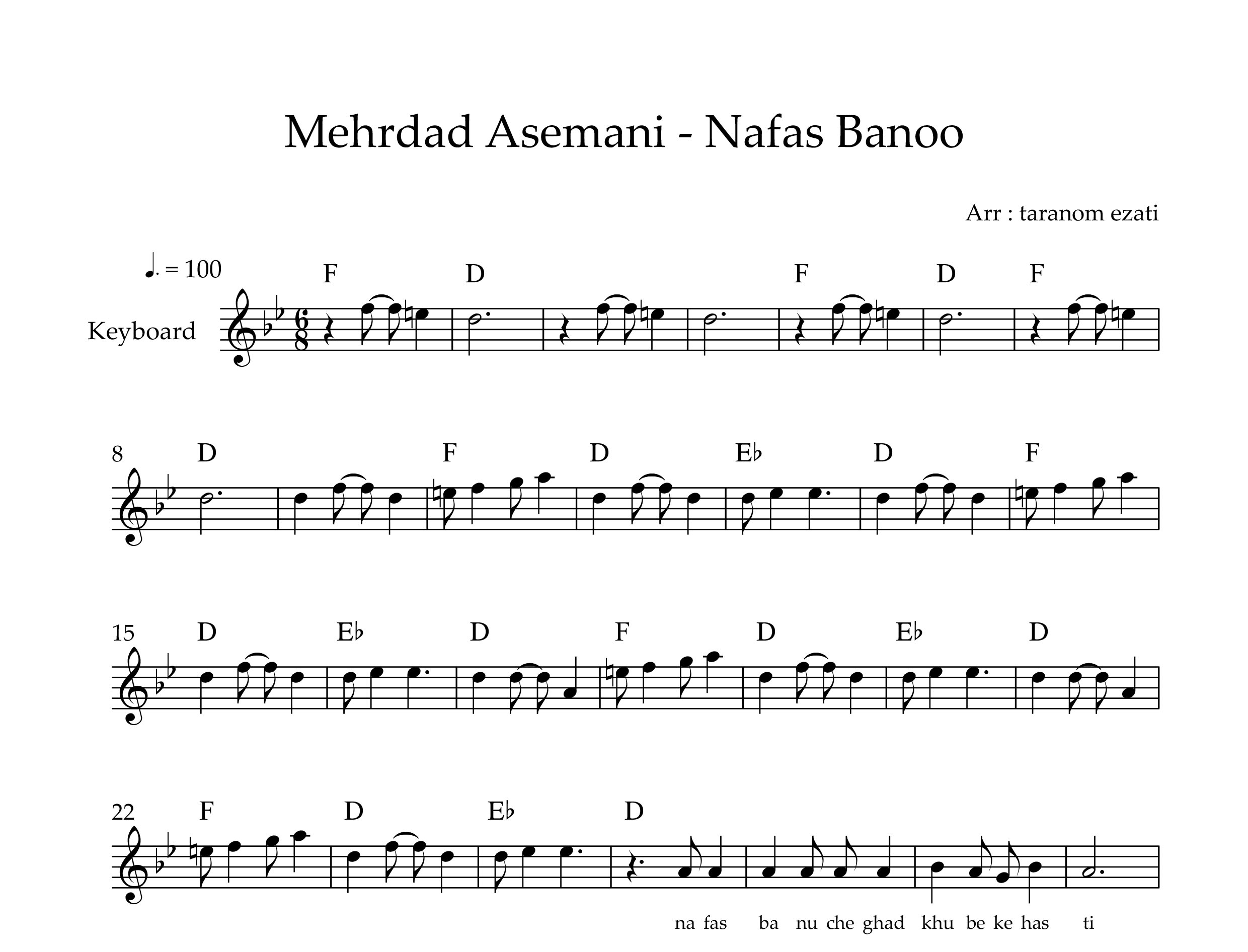 نت کیبورد نفس بانو مهرداد آسمانی به همراه آکورد