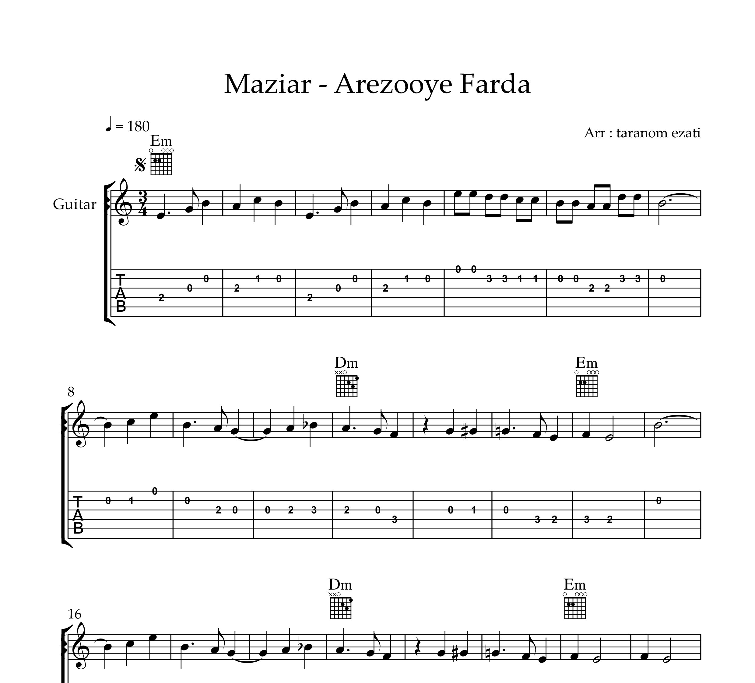نت گیتار آرزوی فردا مازیار به همراه تبلچر و آکورد