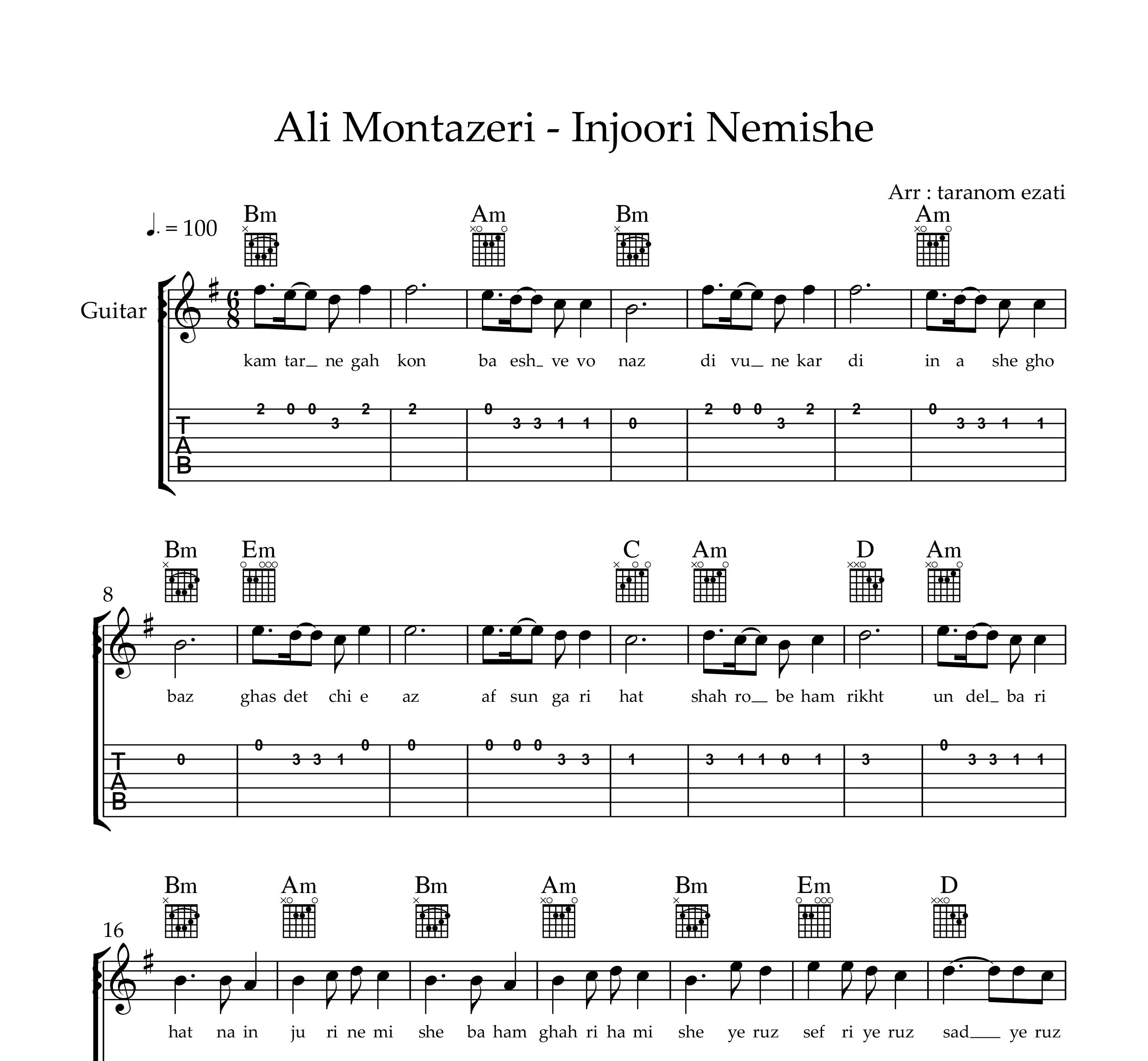 نت گیتار اینجوری نمیشه علی منتظری به همراه تبلچر و آکورد