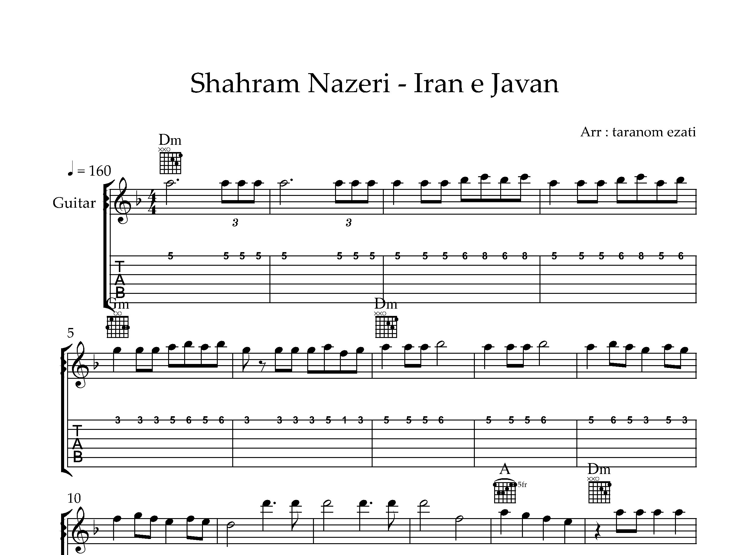 نت گیتار ایران جوان شهرام ناظری به همراه تبلچر و آکورد