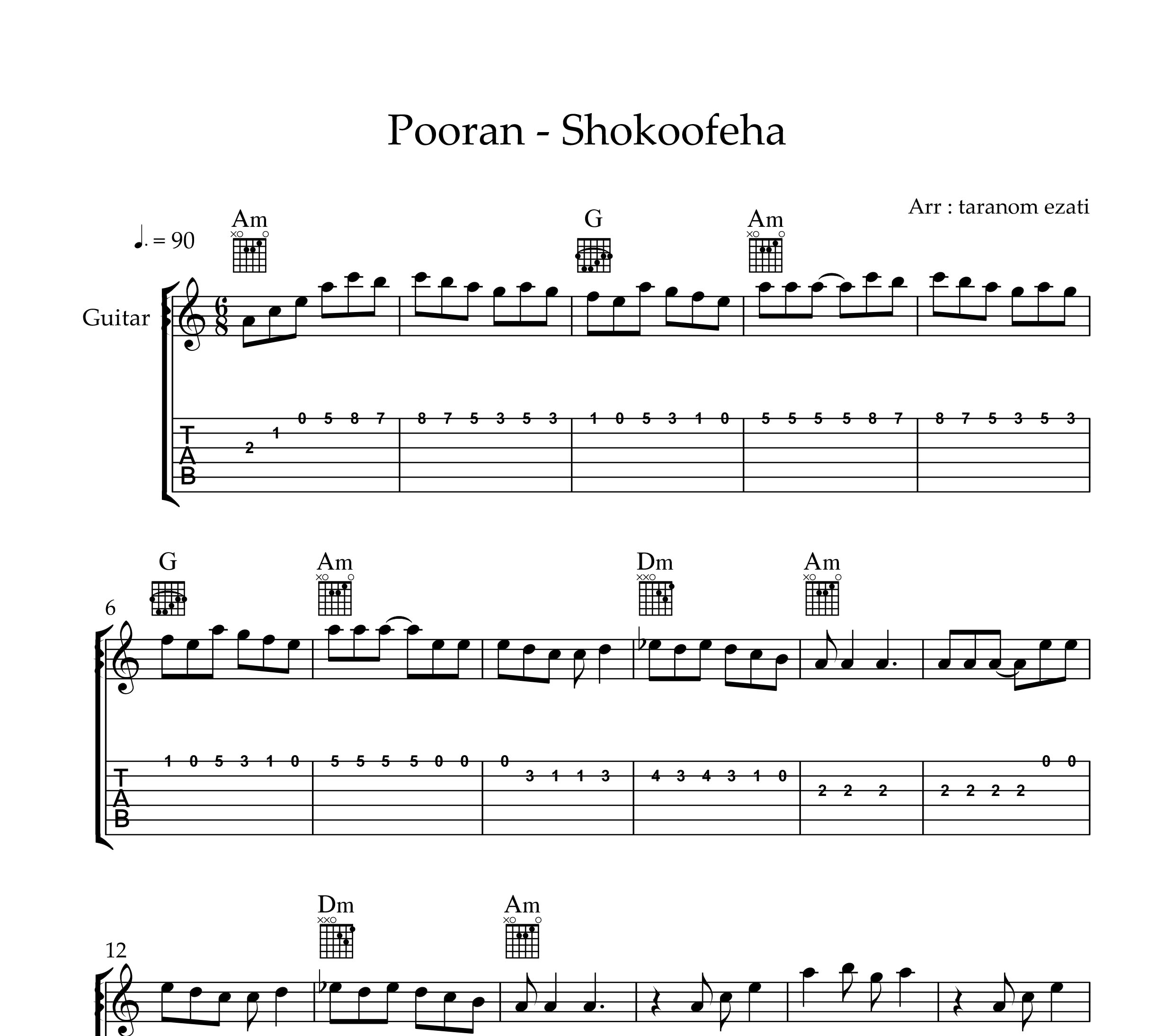 نت گیتار شکوفه ها پوران به همراه تبلچر و آکورد