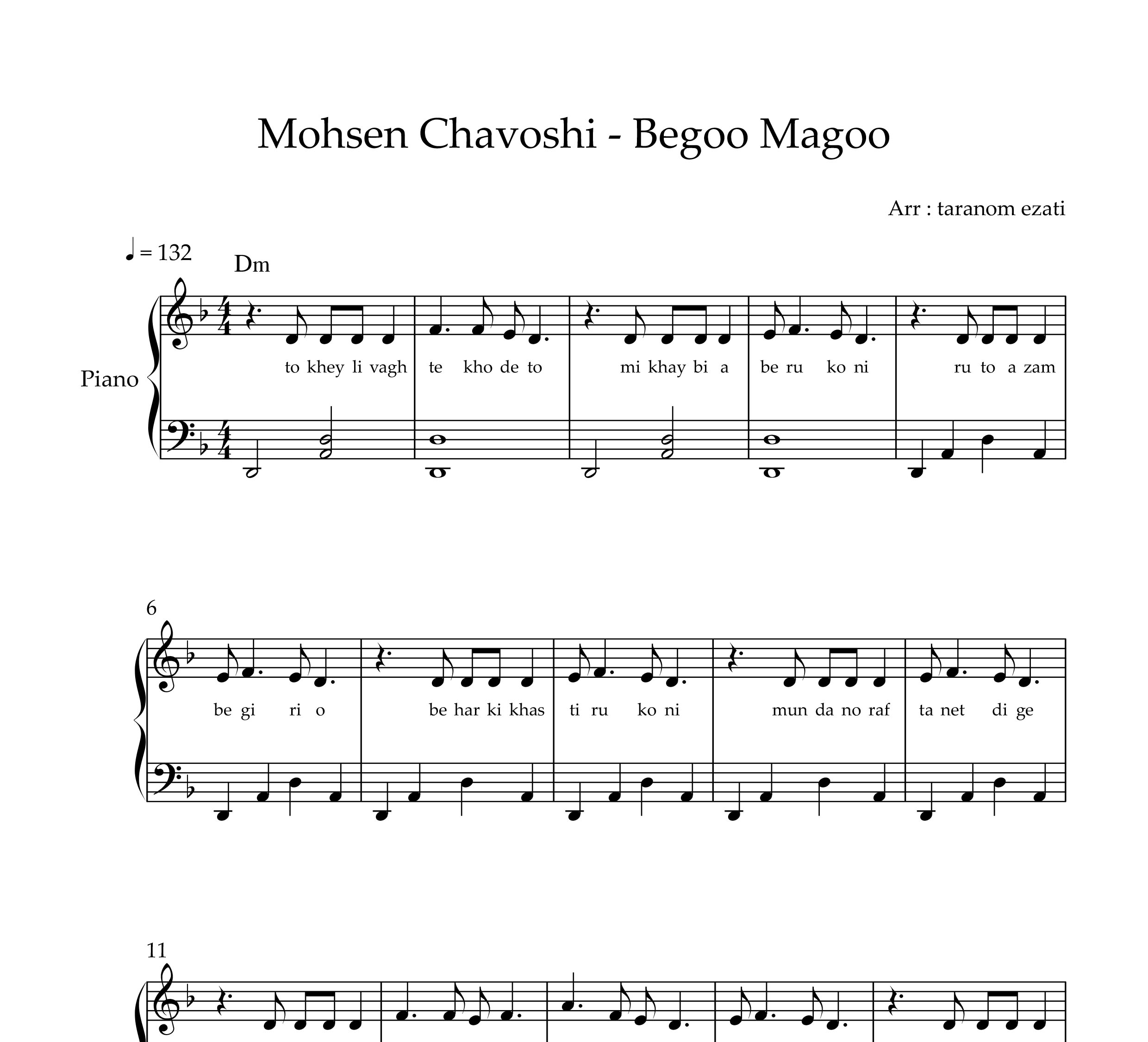 نت پیانو بگو مگو محسن چاوشی