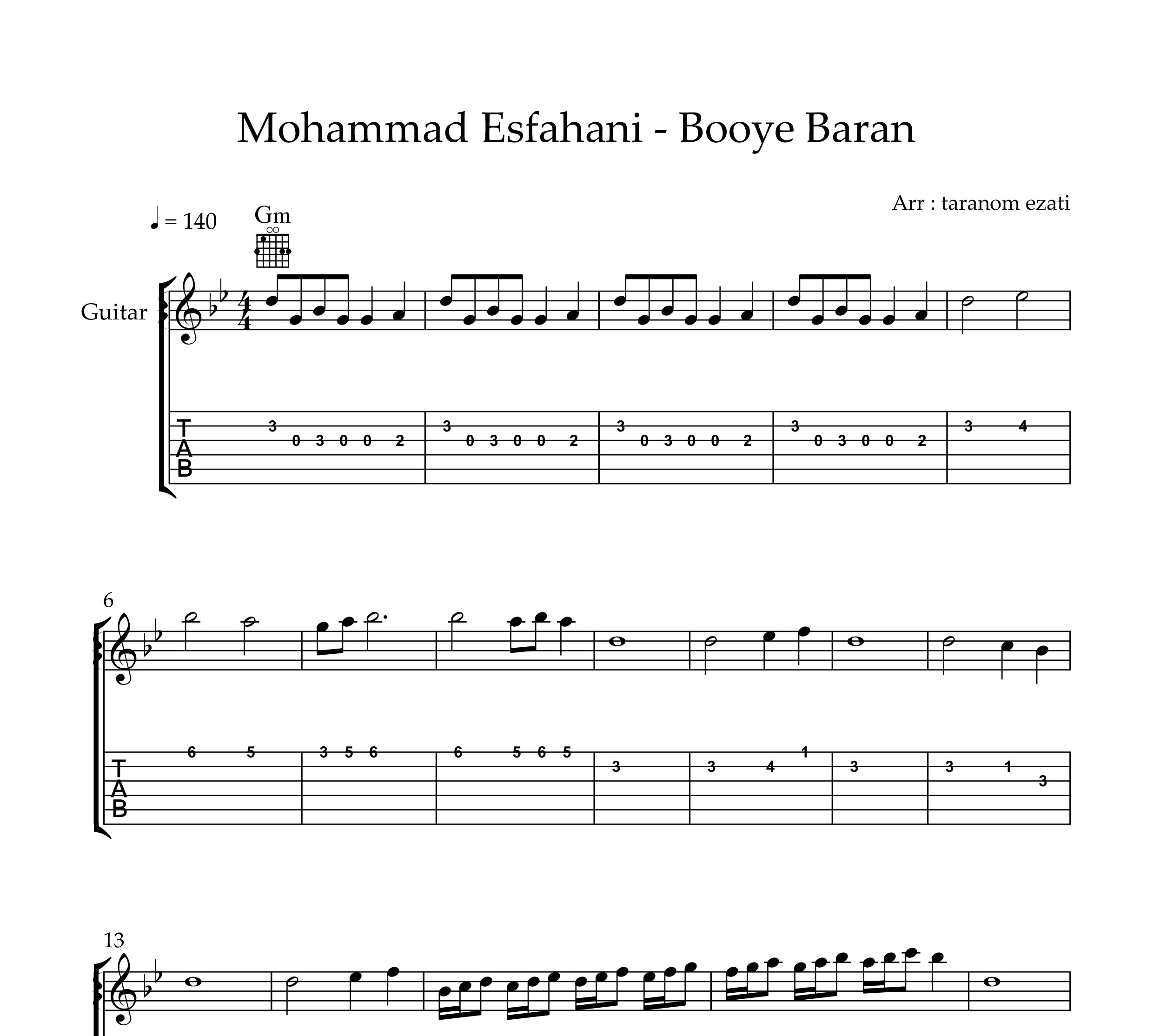 نت گیتار بوی باران محمد اصفهانی به همراه تبلچر و آکورد