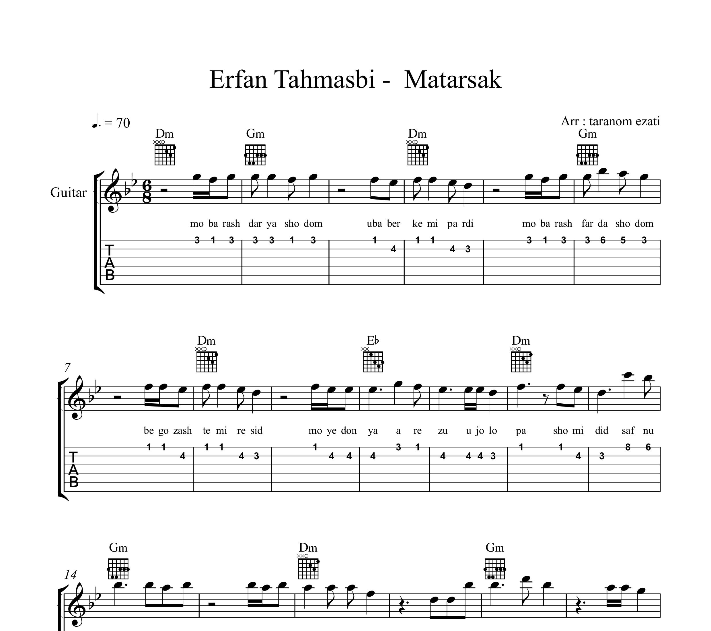 نت گیتار مترسک عرفان طهماسبی به همراه تبلچر و آکورد