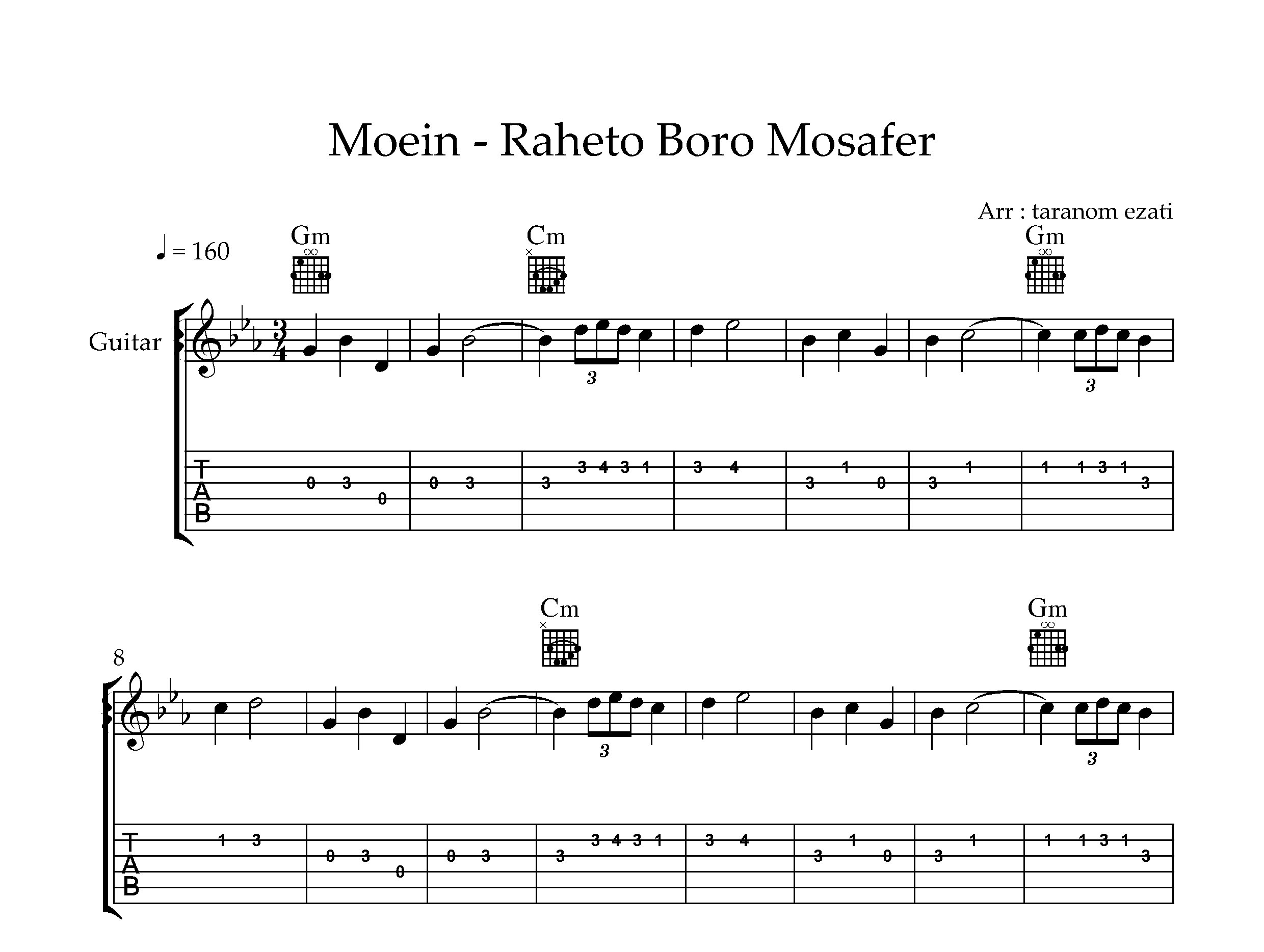 نت گیتار مسافر معین به همراه تبلچر و آکورد