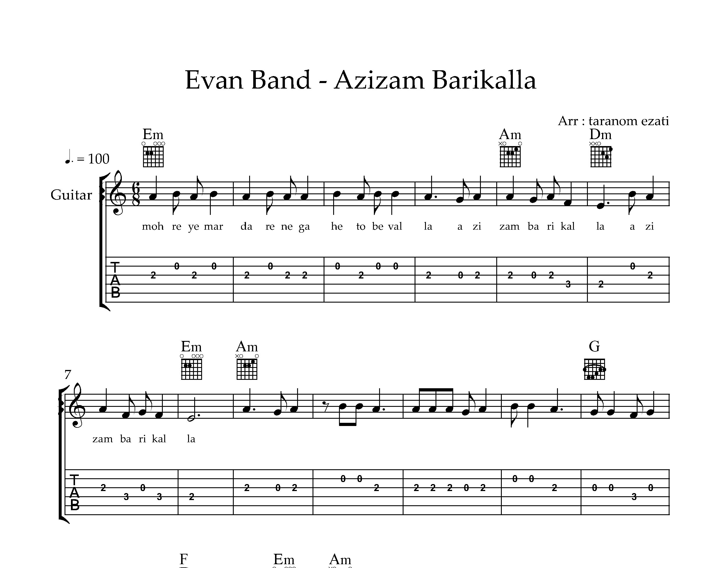 نت گیتار عزیزم باریکلا ایوان بند به همراه تبلچر و آکورد