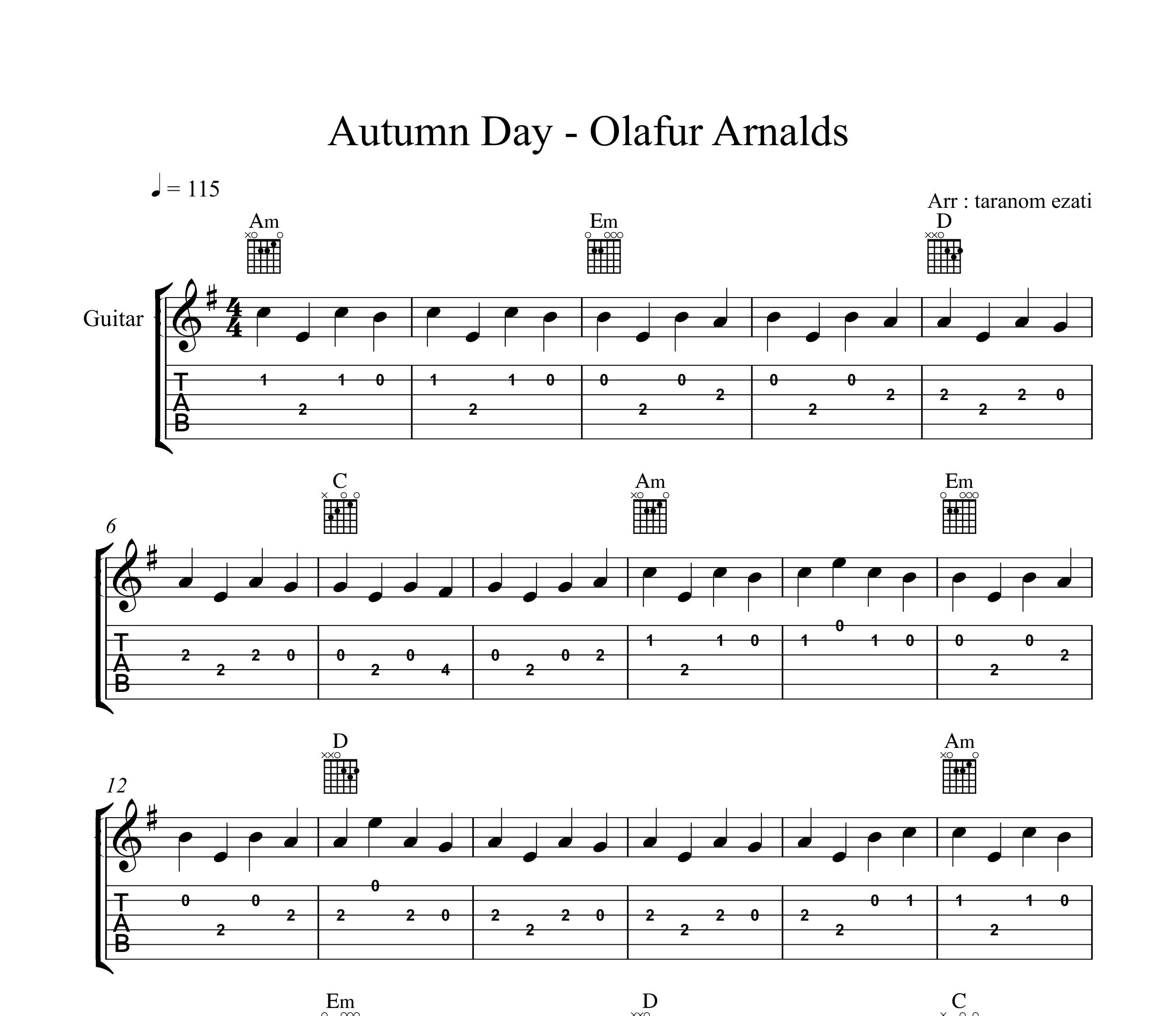 نت گیتار autumn days از olafur arnalds به همراه تبلچر و آکورد