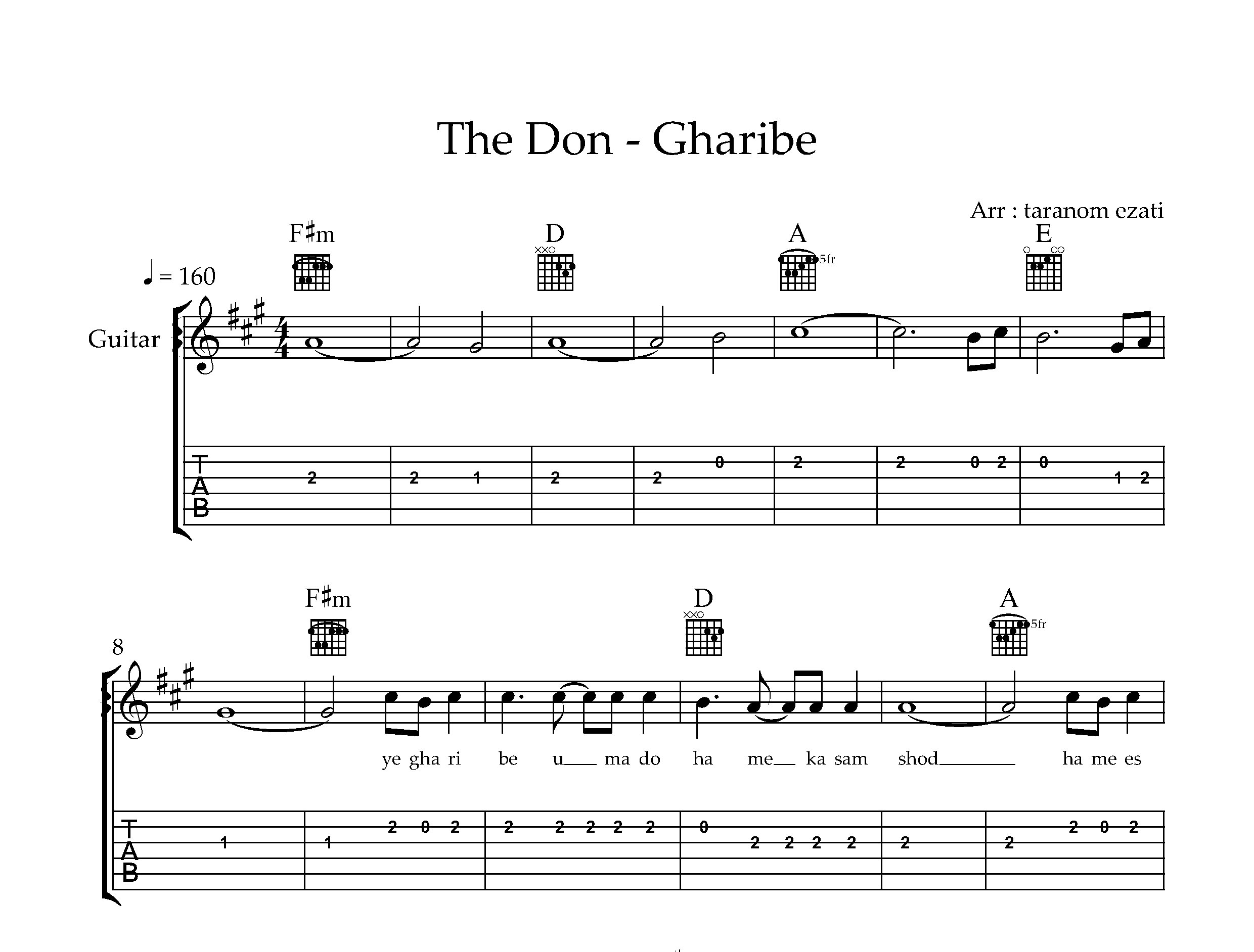 نت گیتار غریبه د دان به همراه تبلچر و آکورد