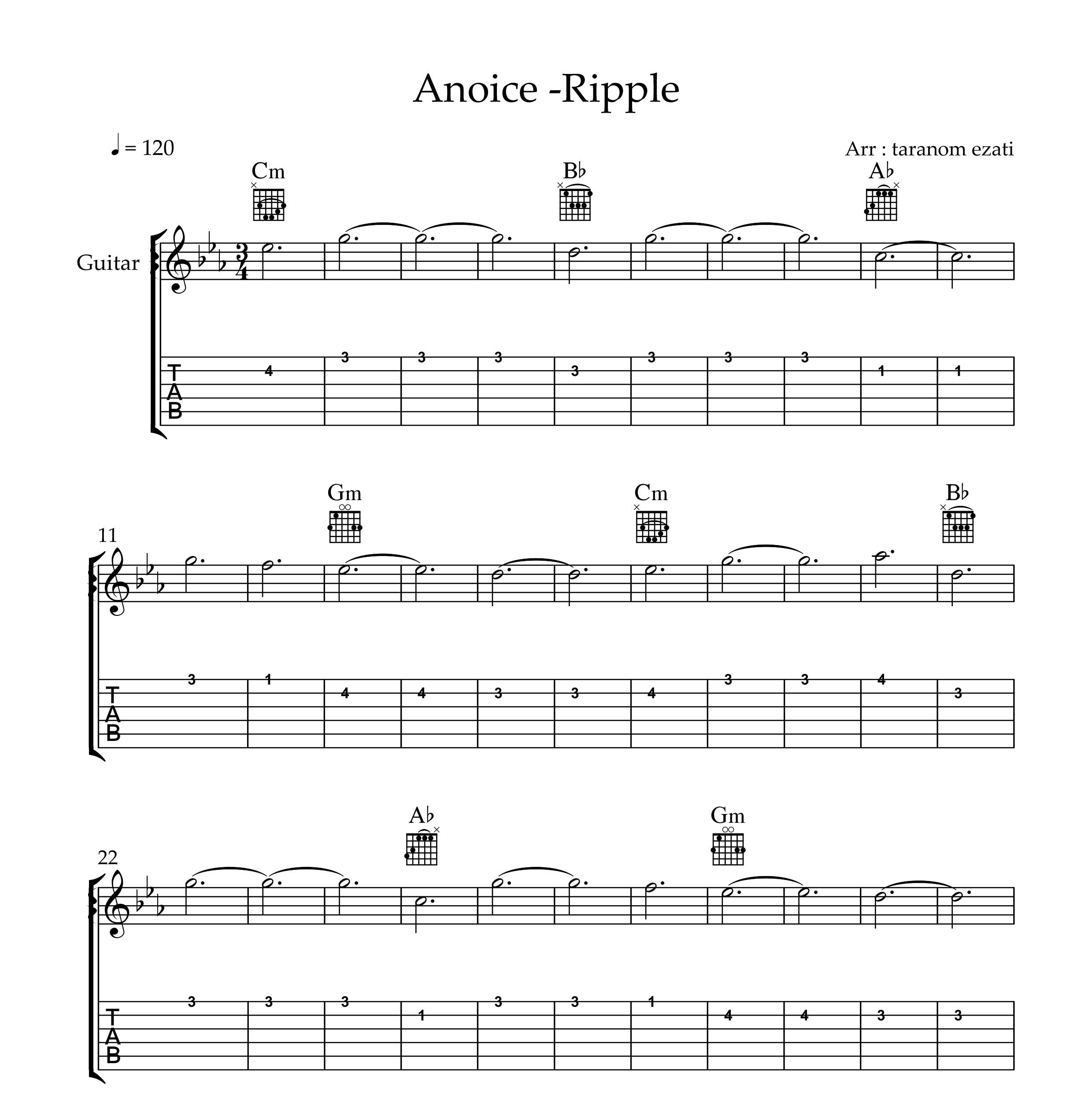 نت گیتار ripple از anoice به همراه تبلچر و آکورد