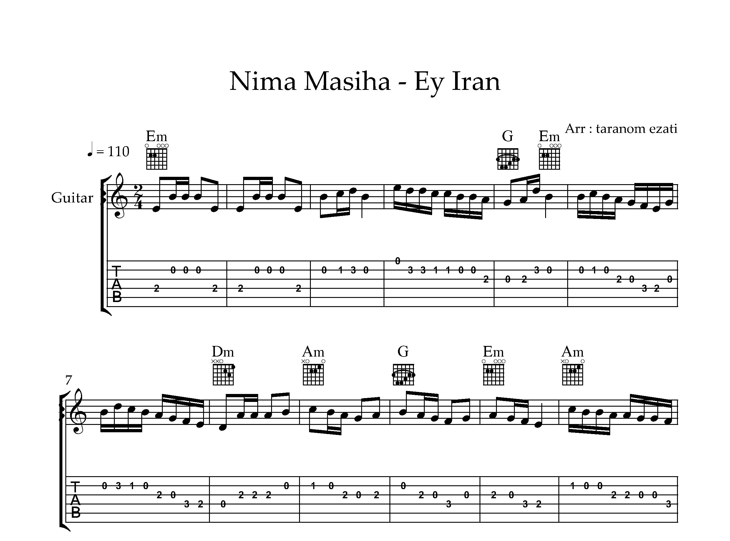 نت گیتار ای ایران نیما مسیحا به همراه تبلچر و آکورد