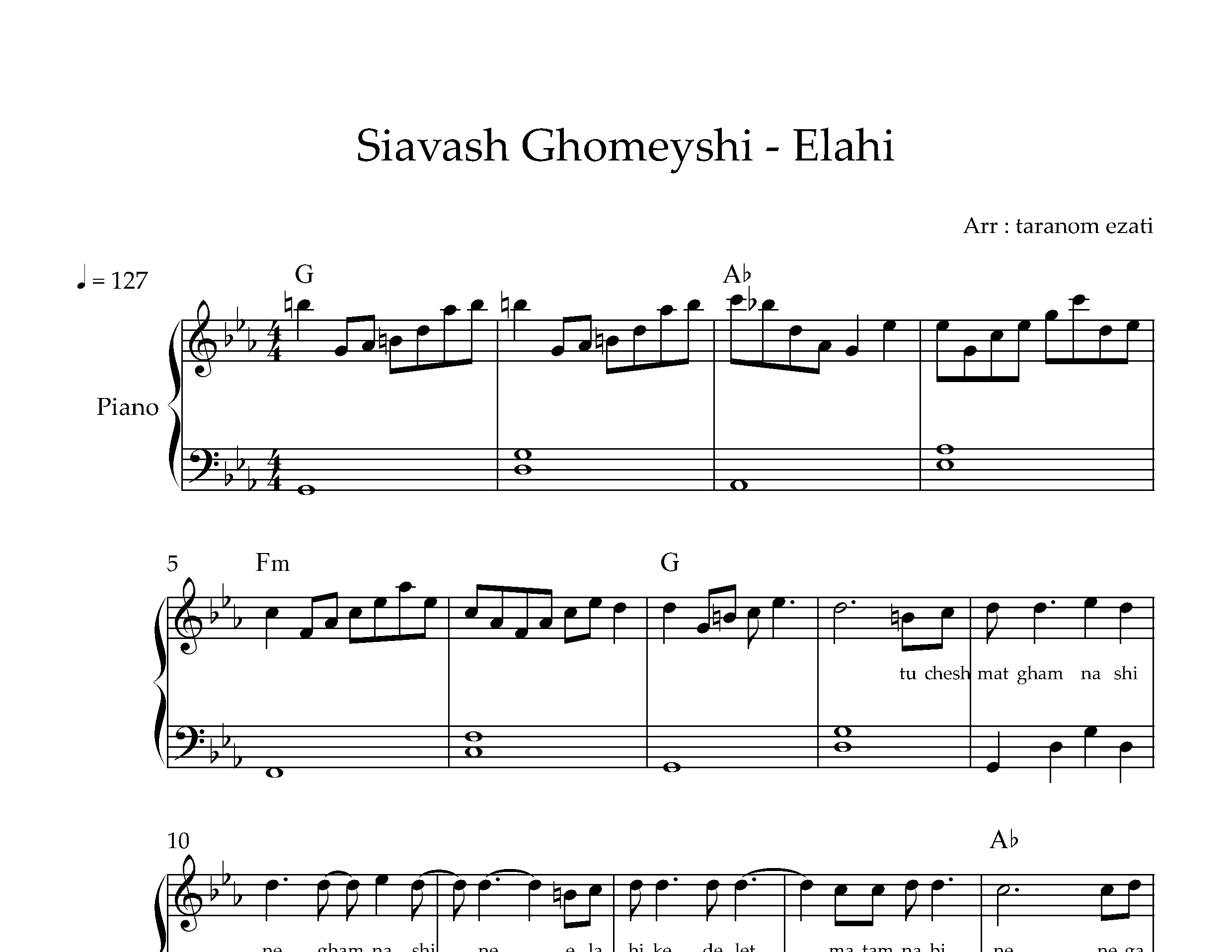 نت پیانو الهی سیاوش قمیشی