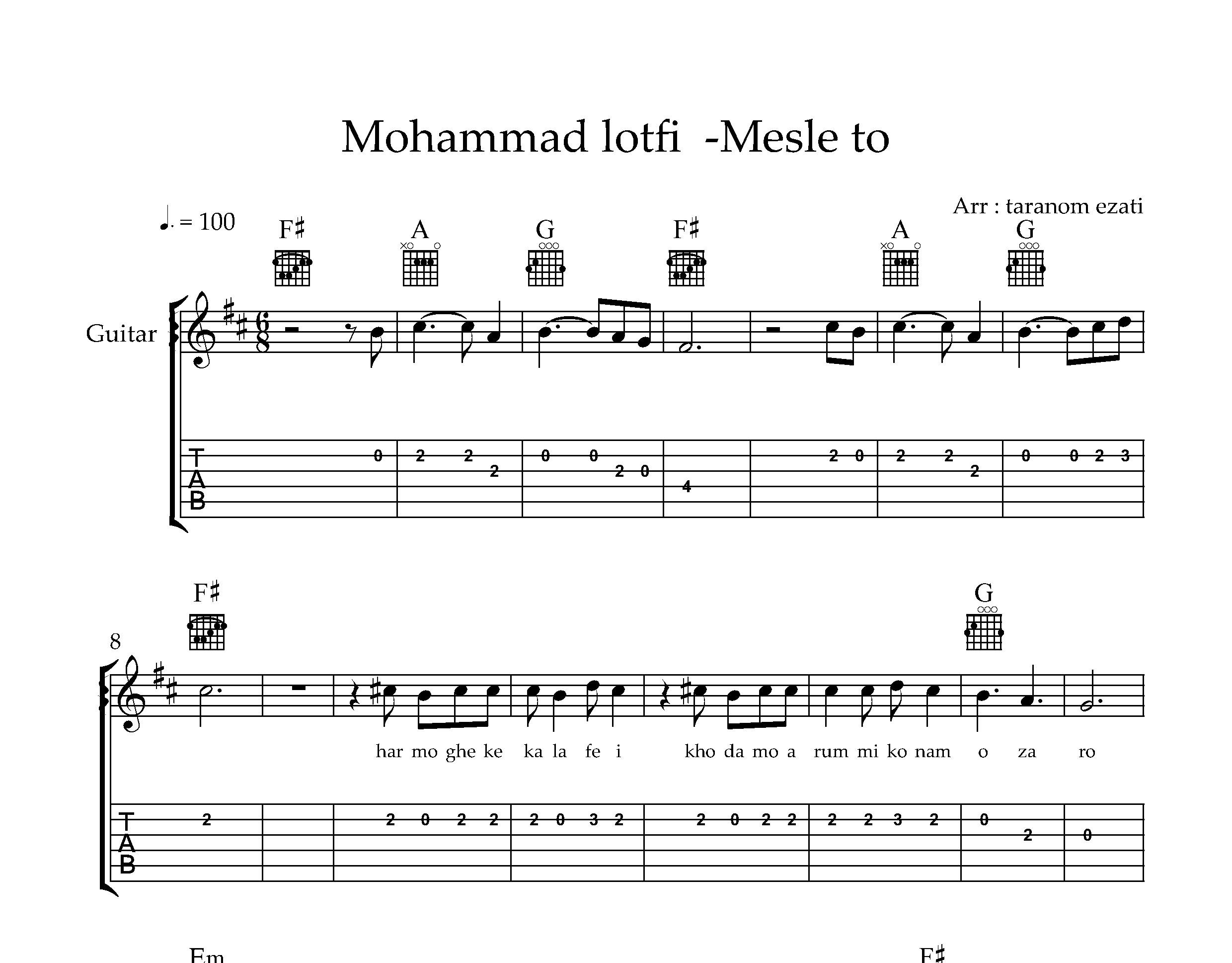 نت گیتار مثل تو محمد لطفی به همراه تبلچر و آکورد