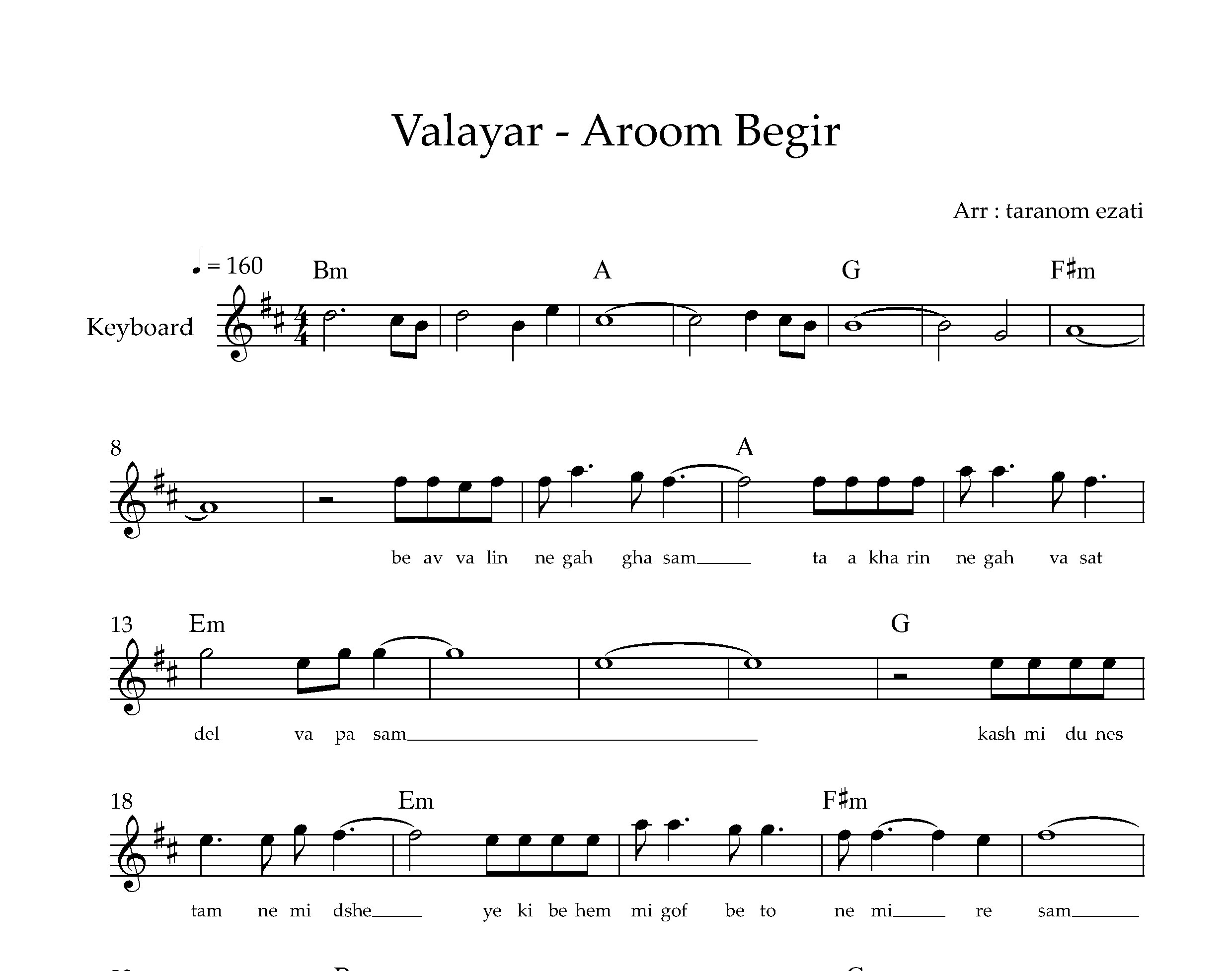 نت کیبورد آروم بگیر والایار به همراه آکورد