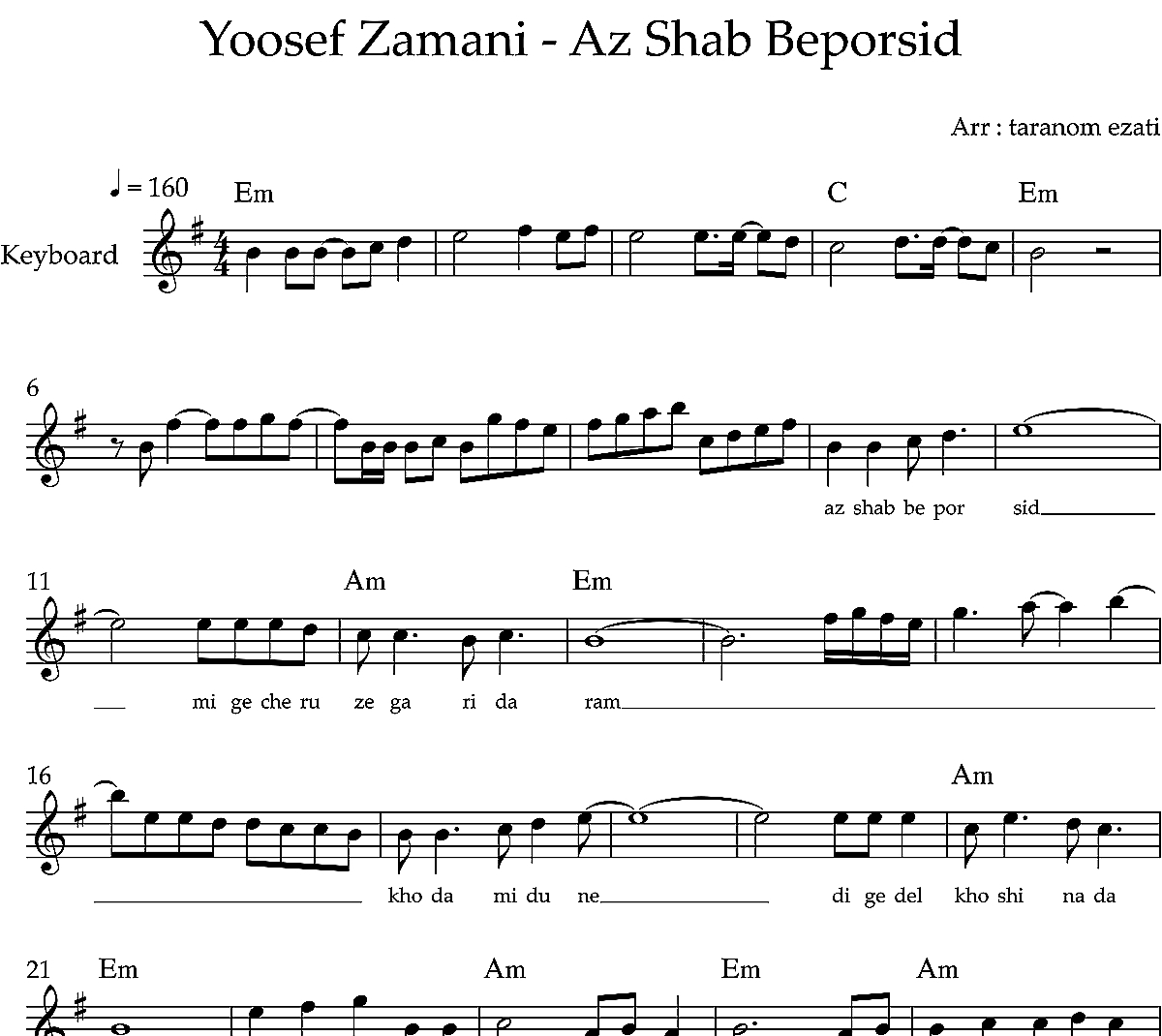 نت کیبورد از شب بپرسید یوسف زمانی به همراه آکورد